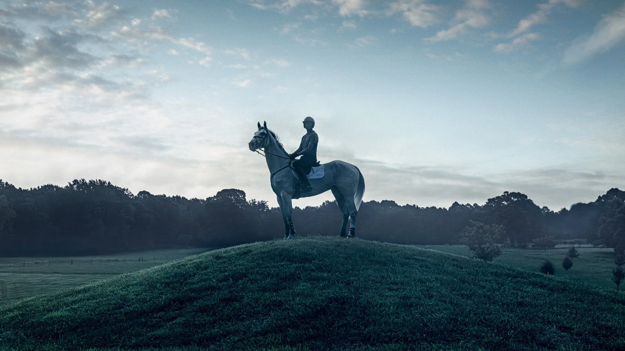 Person riding a horse on a small hilltop with a backdrop of trees and a cloudy sky during sunset or sunrise.