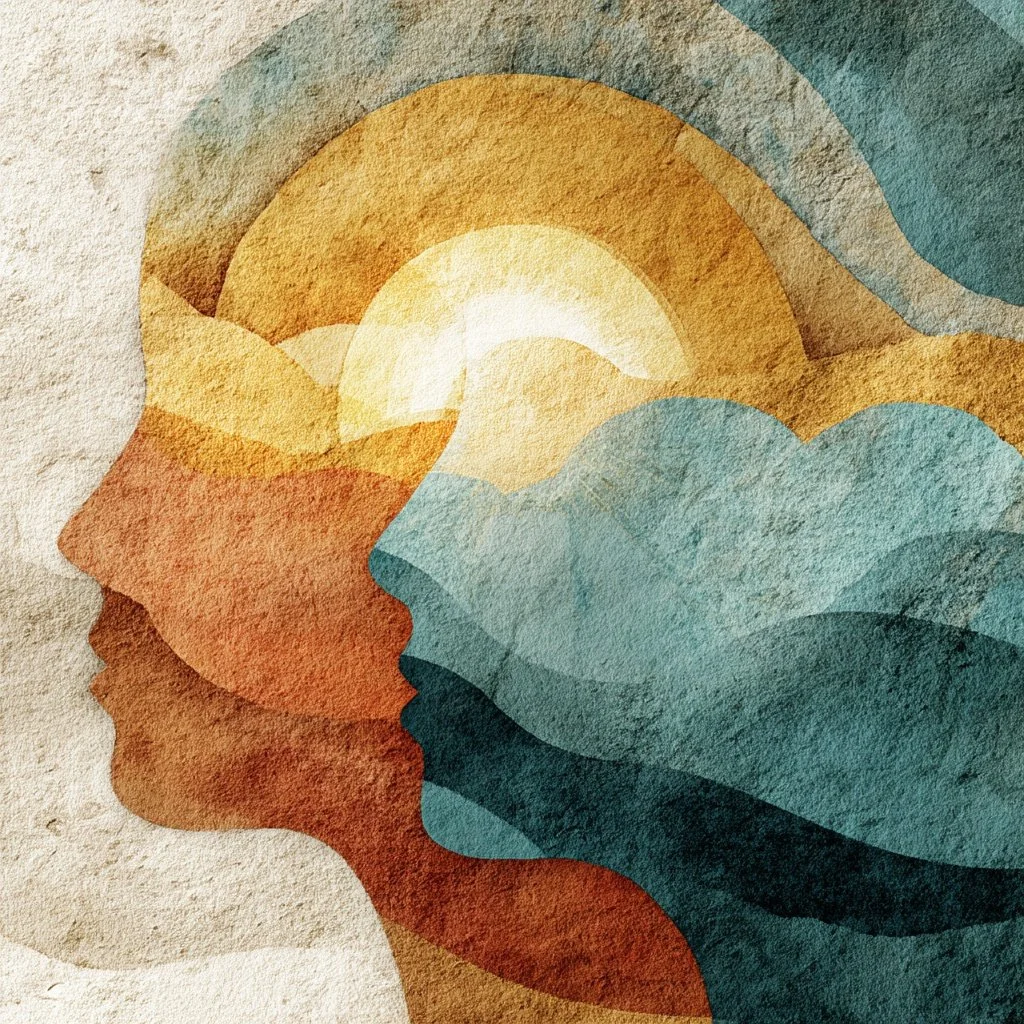 Abstract watercolor painting of human profiles and a landscape with a setting sun.