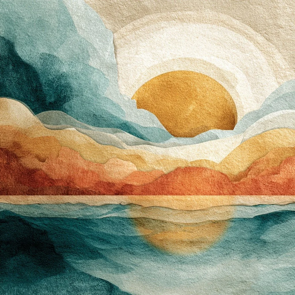 Watercolor painting of a sunset over a body of water, with the sun partially above the horizon and clouds in shades of blue, orange, and gold.