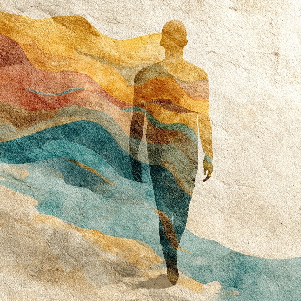 A watercolor-style illustration of a person walking with abstract, colorful, flowing stripes and mountain-like shapes in the background.