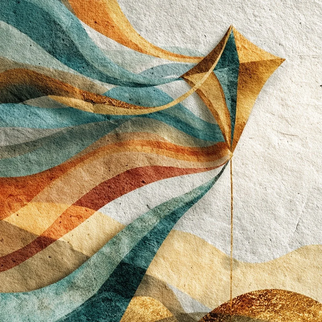 Abstract watercolor painting of a kite with flowing ribbons in shades of blue, orange, and gold.