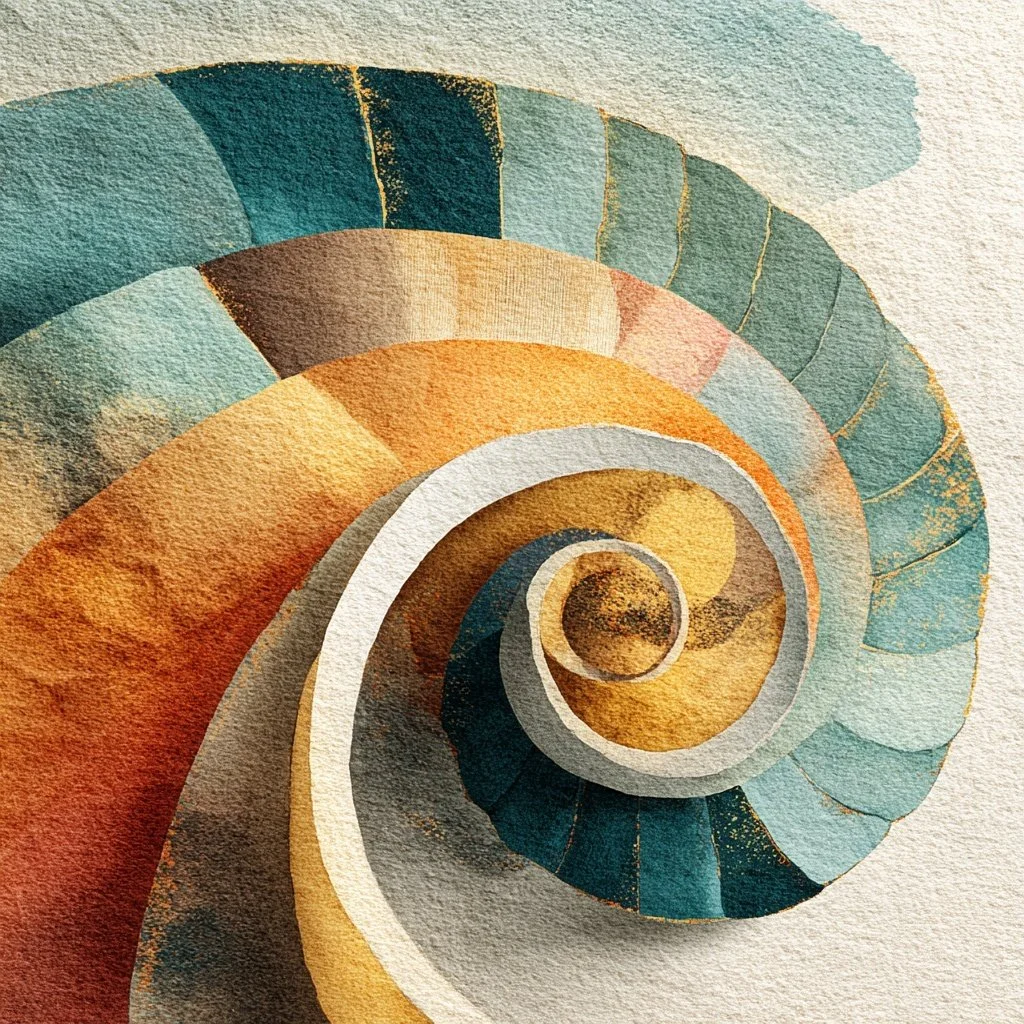 Watercolor painting of a spiral seashell in shades of blue, orange, yellow, and brown.