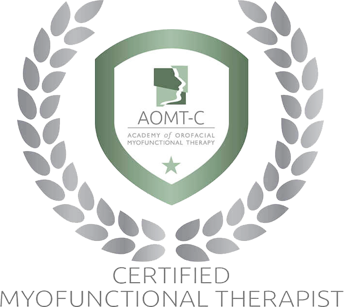 Logo of the Academy of Orofacial Myofunctional Therapy (AOMT-C) surrounded by a gray laurel wreath with the text "CERTIFIED MYOFUNCTIONAL THERAPIST" beneath.