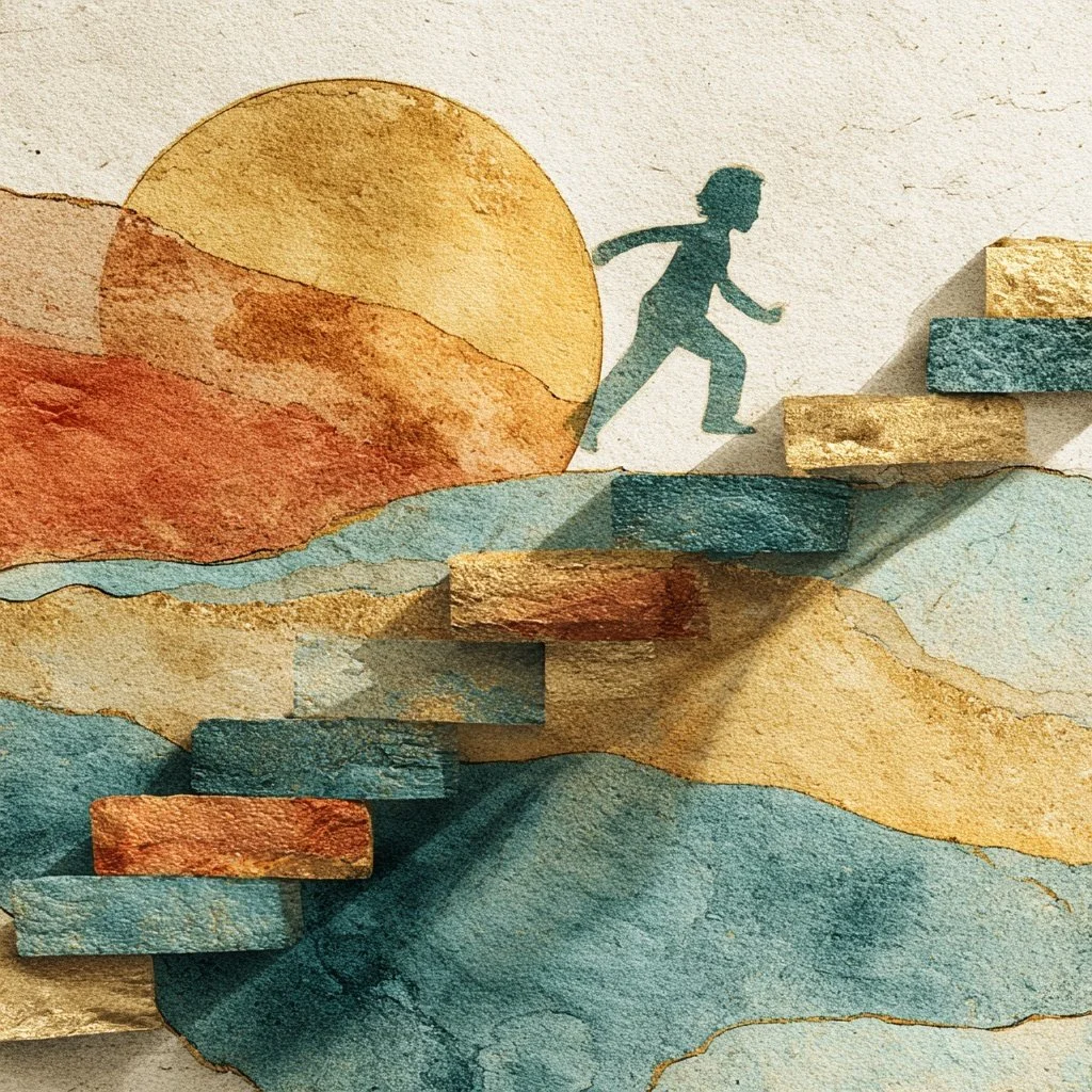 Watercolor illustration of a person climbing stairs with the sun setting in the background.