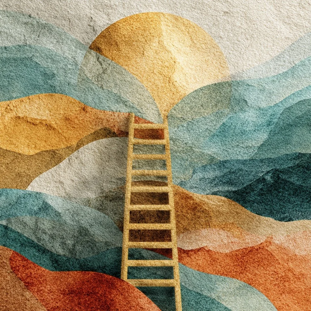 Abstract watercolor painting of a ladder leading toward a large yellow sun, with layered hills in shades of blue, orange, and beige.
