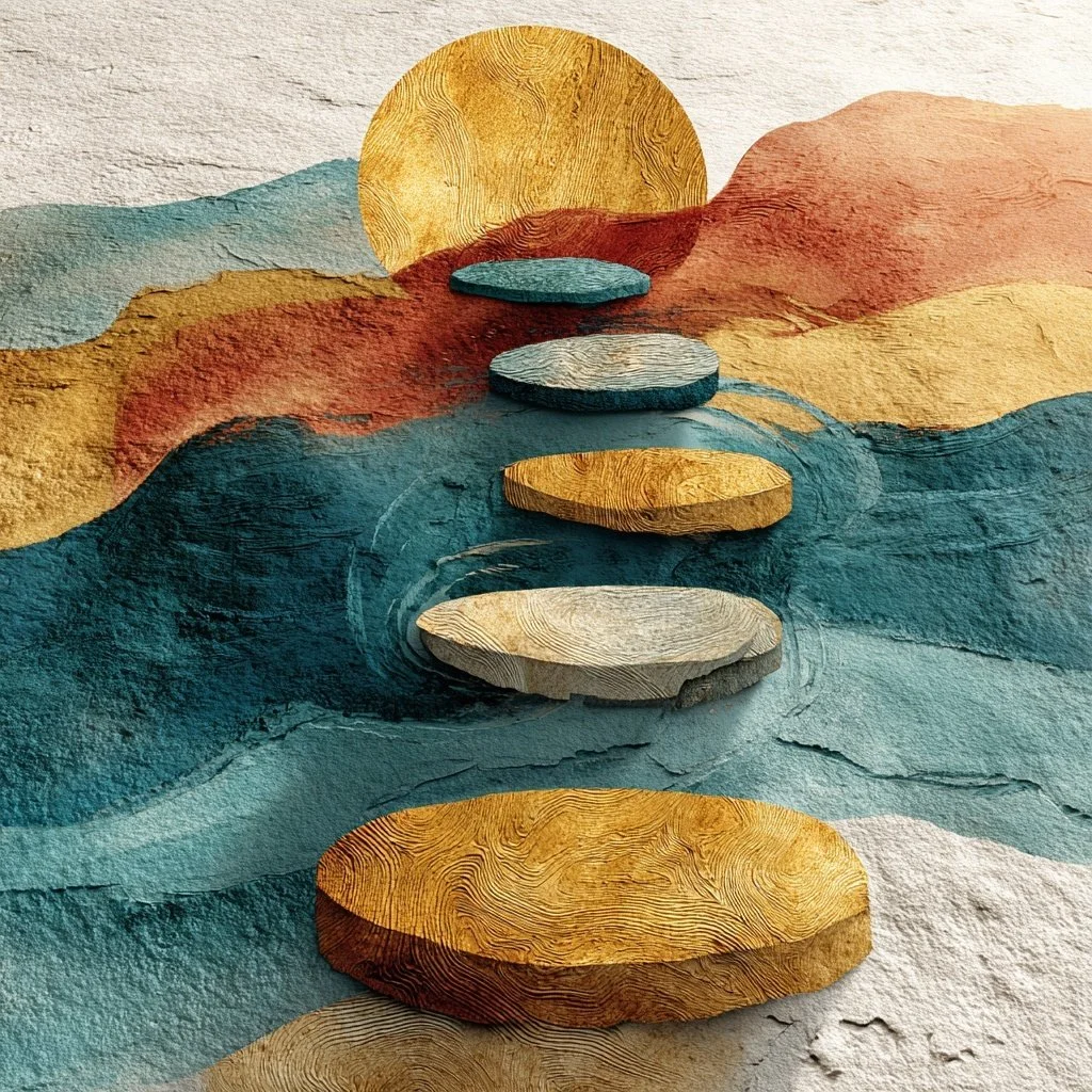 Abstract painting of a landscape with colored overlapping shapes, a large yellow circle representing the sun, and textured circular platforms in gold, beige, teal, and blue, with a water-like background.