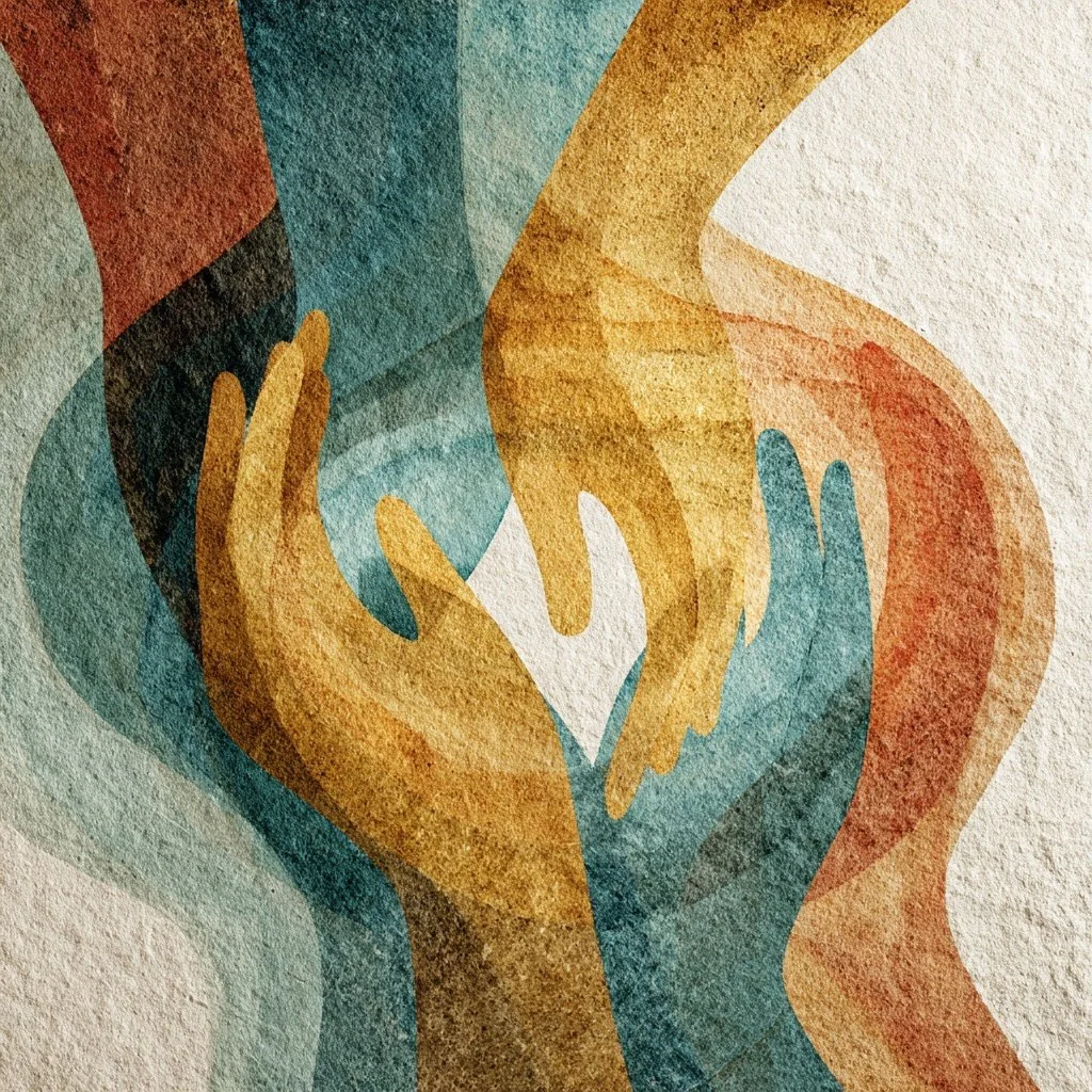 Abstract mural featuring overlapping colorful hands in shades of yellow, blue, green, red, and brown.