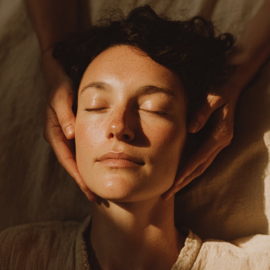 Close-up of a woman with freckles and short dark hair receiving a gentle head massage, eyes closed, in a warm, relaxed setting.