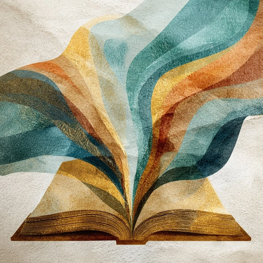 An open vintage book with colorful abstract paper or pages emerging from it in shades of teal, yellow, orange, and brown.