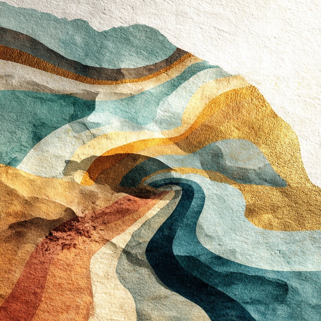 Abstract watercolor landscape of a winding river flowing through mountains in shades of teal, gold, brown, and cream.