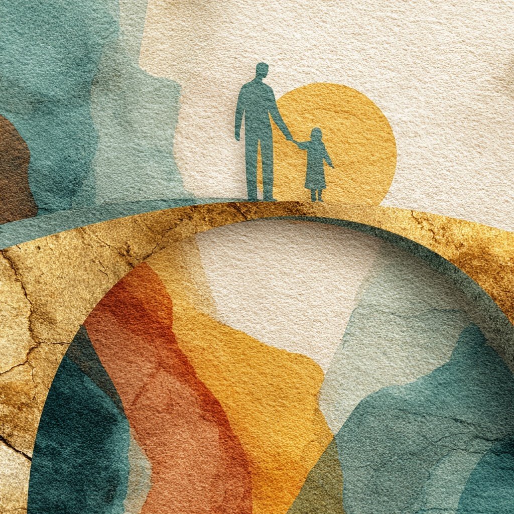 Silhouette of an adult holding a child's hand walking on a curved path with a large yellow sun in the background, in a watercolor-style painting.