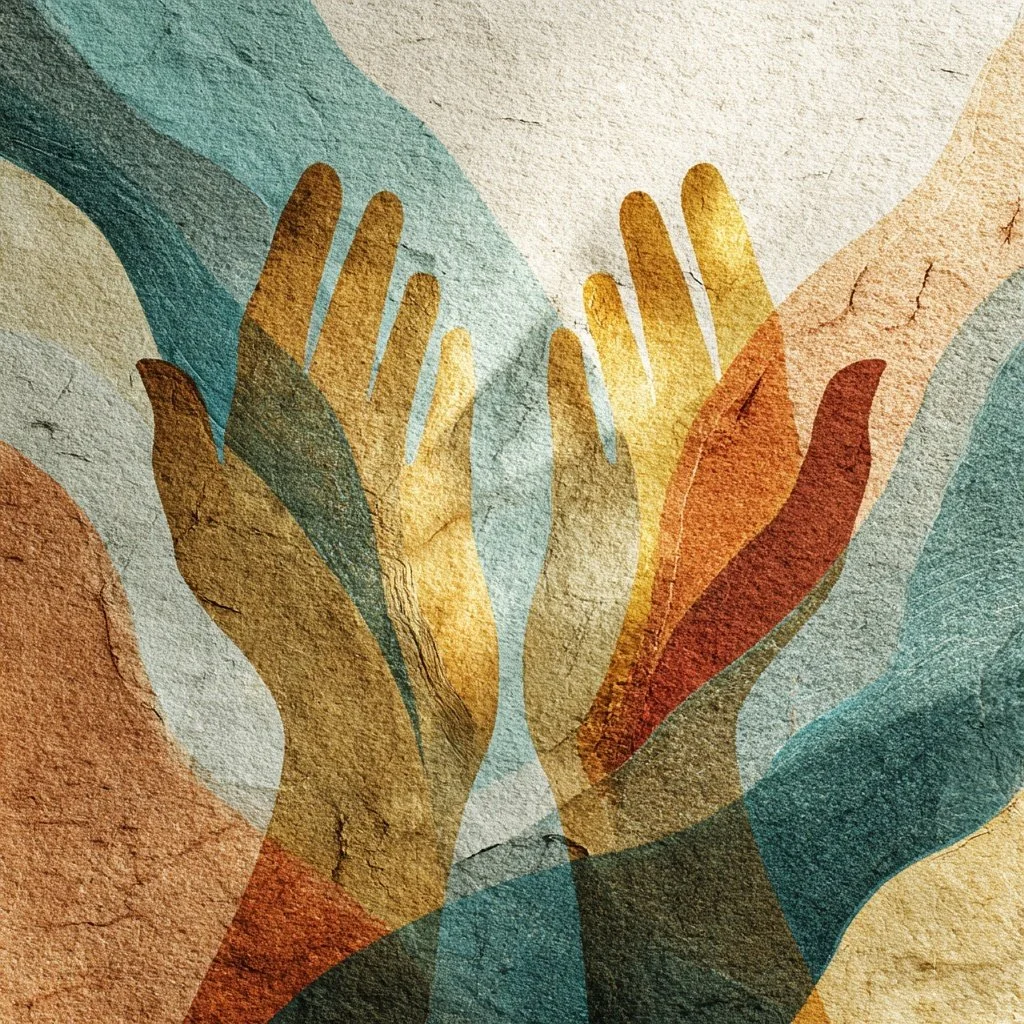 Abstract mural of multiple overlapping hands in shades of blue, yellow, orange, and red on a textured wall.