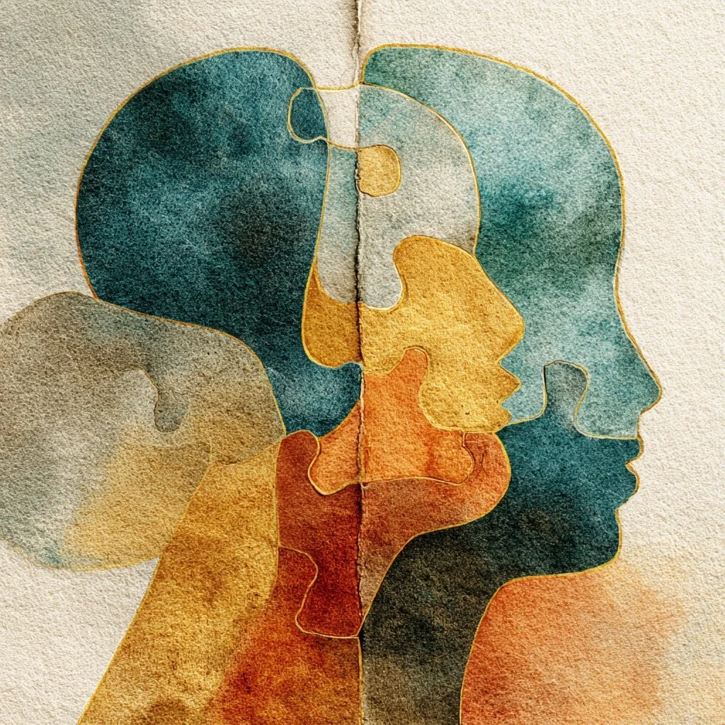 Watercolor painting of multiple overlapping profile silhouettes of faces in various shades of blue, orange, and beige.
