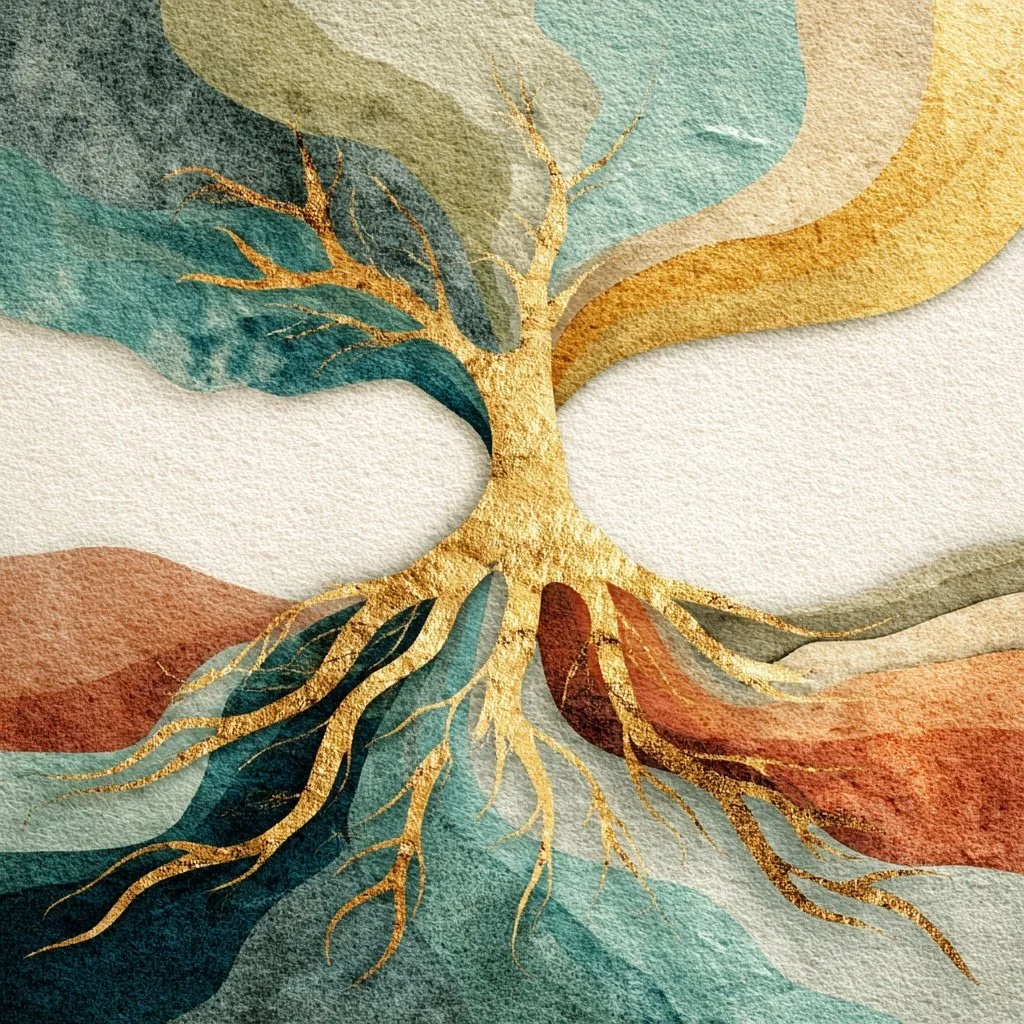 Abstract watercolor painting of a tree with golden branches and roots, with colorful layered background in shades of green, blue, yellow, and red.