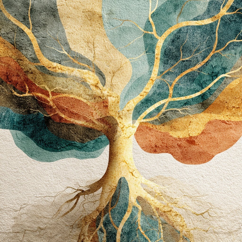 A stylized tree with gold branches and roots, surrounded by colorful leaves in shades of blue, orange, and red, on a textured background.