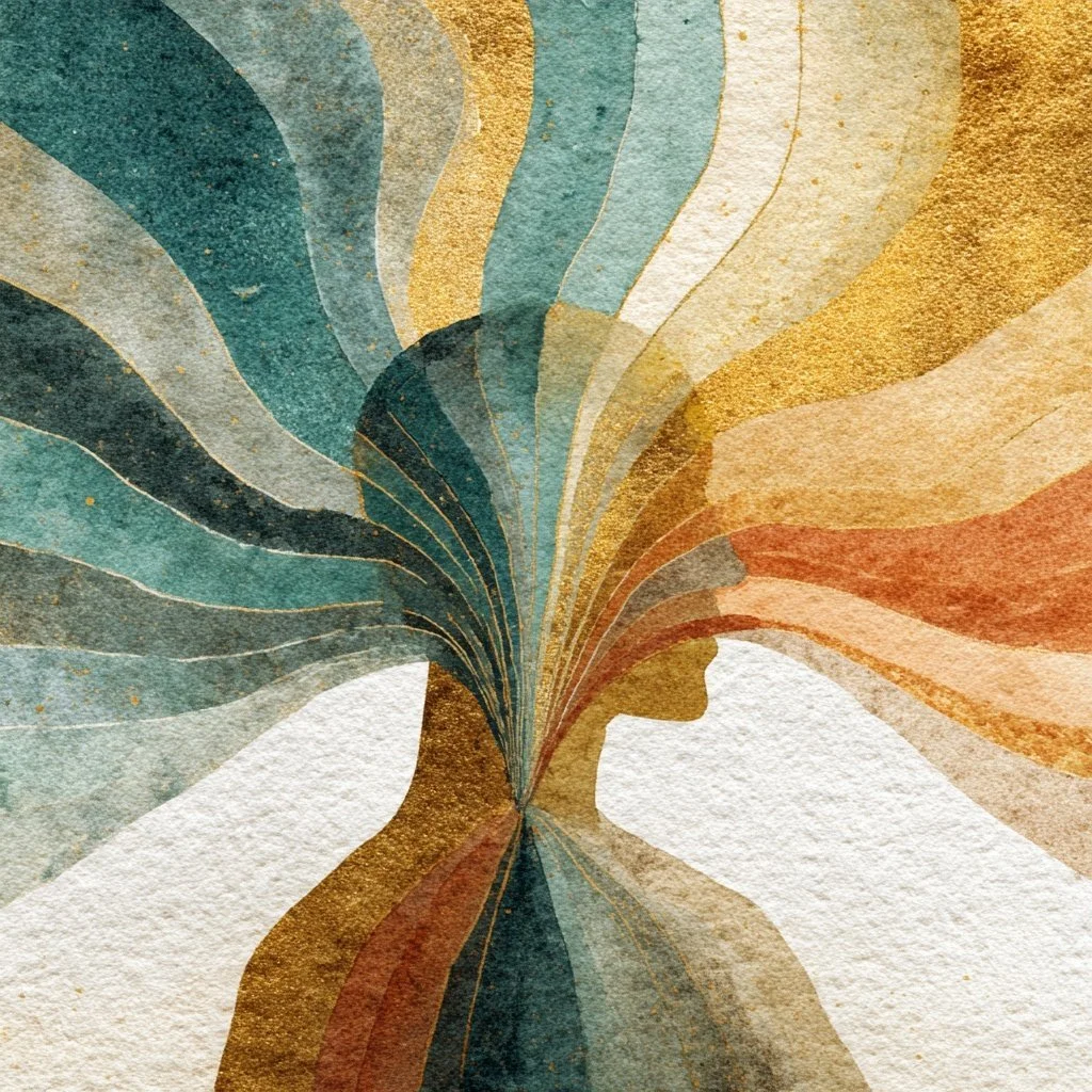 Abstract watercolor artwork of a human face profile with colorful flowing lines.