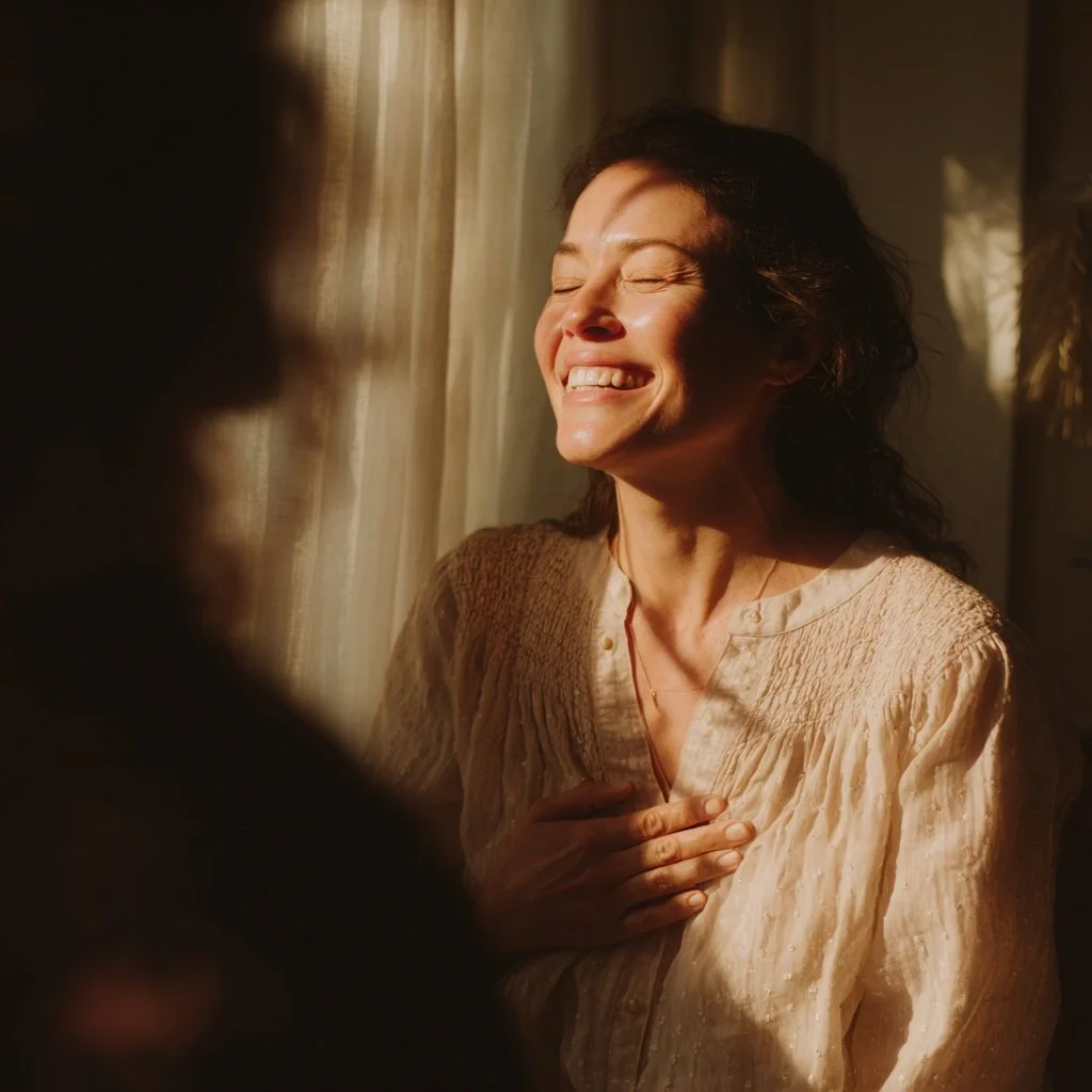A woman with dark curly hair smiling with her eyes closed while holding her chest with one hand, illuminated by warm sunlight through curtains.