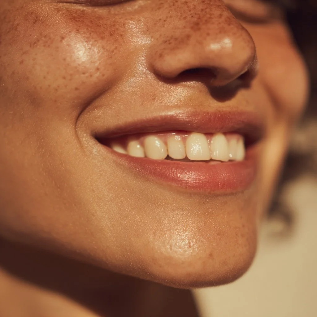 Close-up of a smiling person's face showing teeth and lips.
