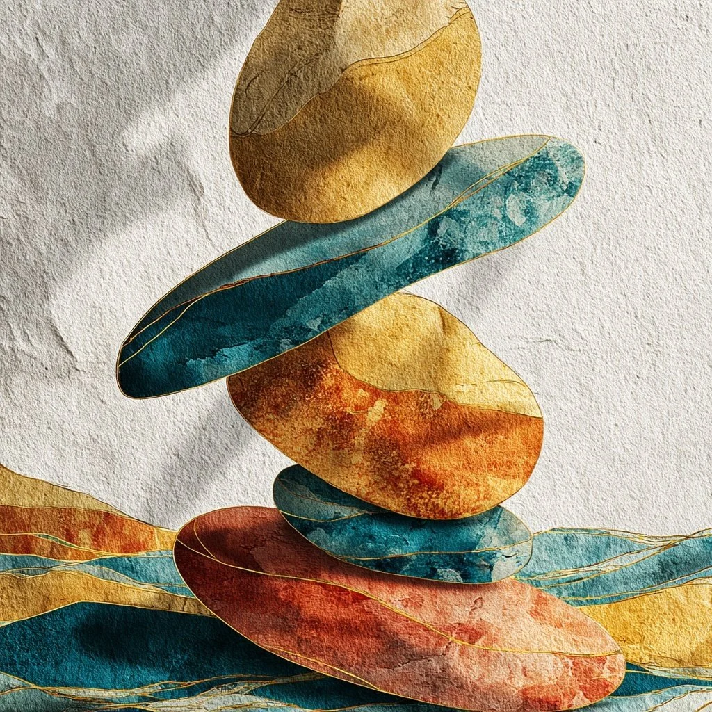 Abstract watercolor-style artwork featuring an arrangement of oval and elongated shapes in shades of gold, teal, orange, and red with delicate gold lines outlining the forms, set against a textured light background.