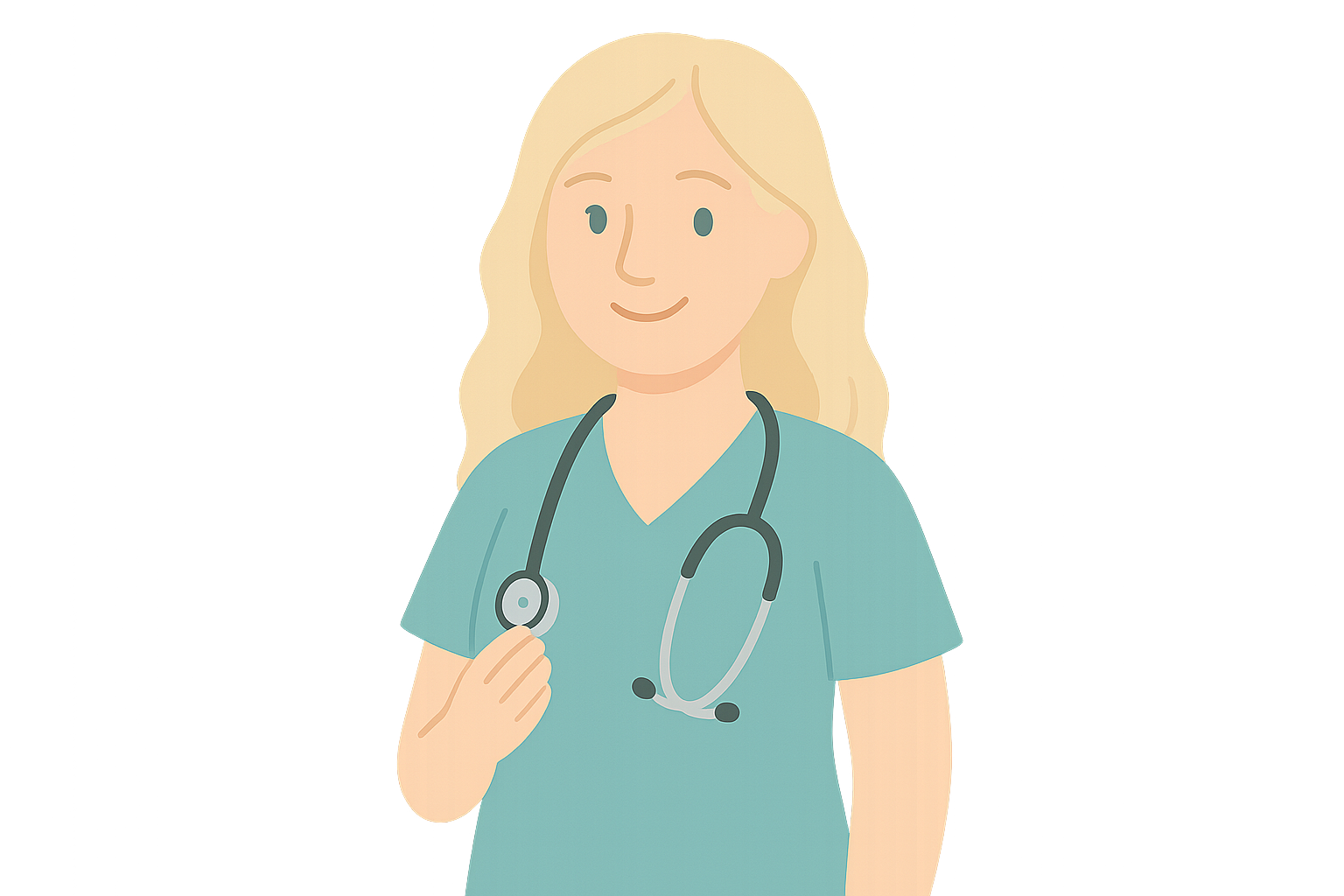 An illustration of a female healthcare professional wearing teal scrubs and holding a stethoscope.