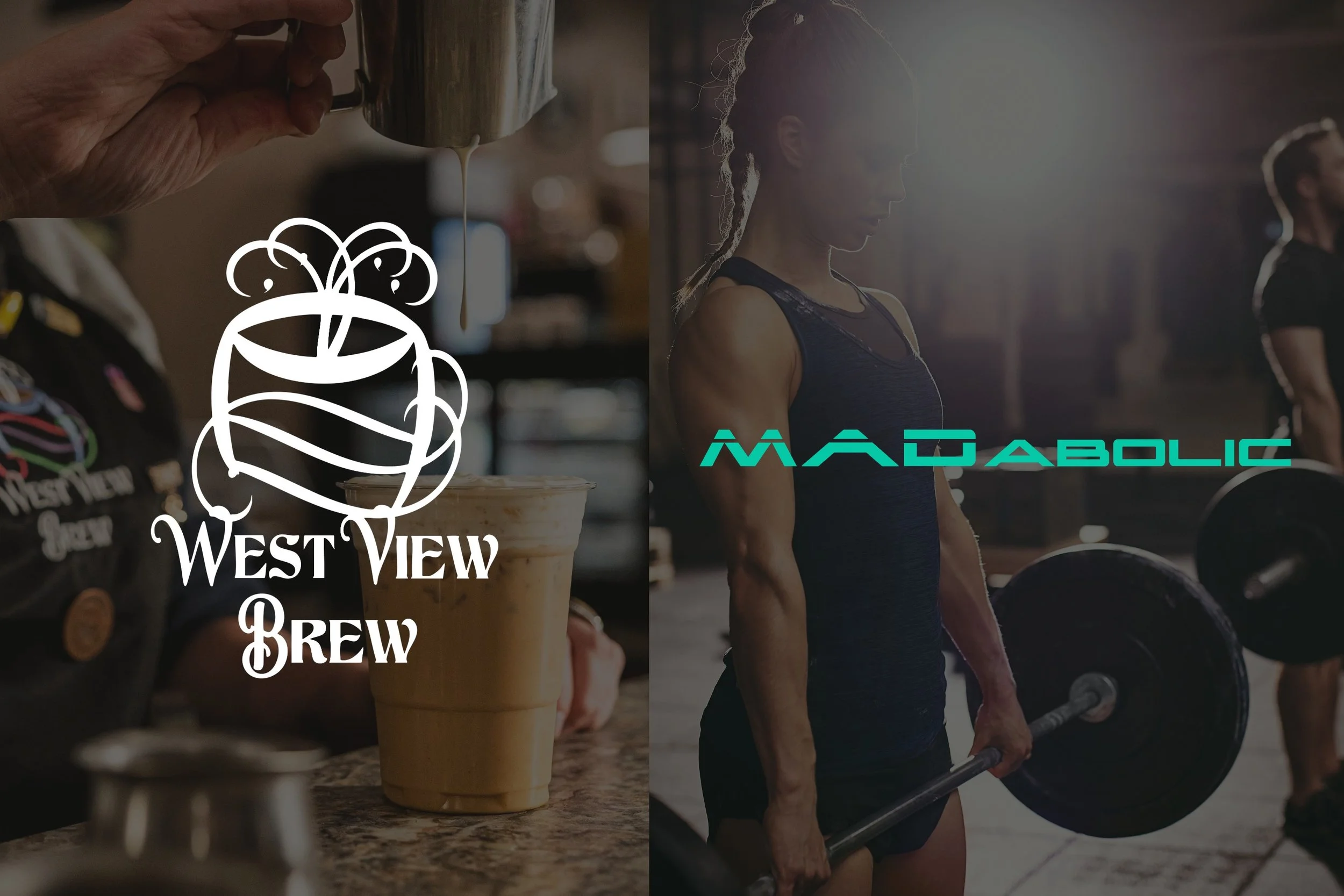 Dual photo with West View Brew coffee shop logo on the left with a coffee serving image in the background and the MADabolic logo on the right with an image of a man and woman lifting weights in the background