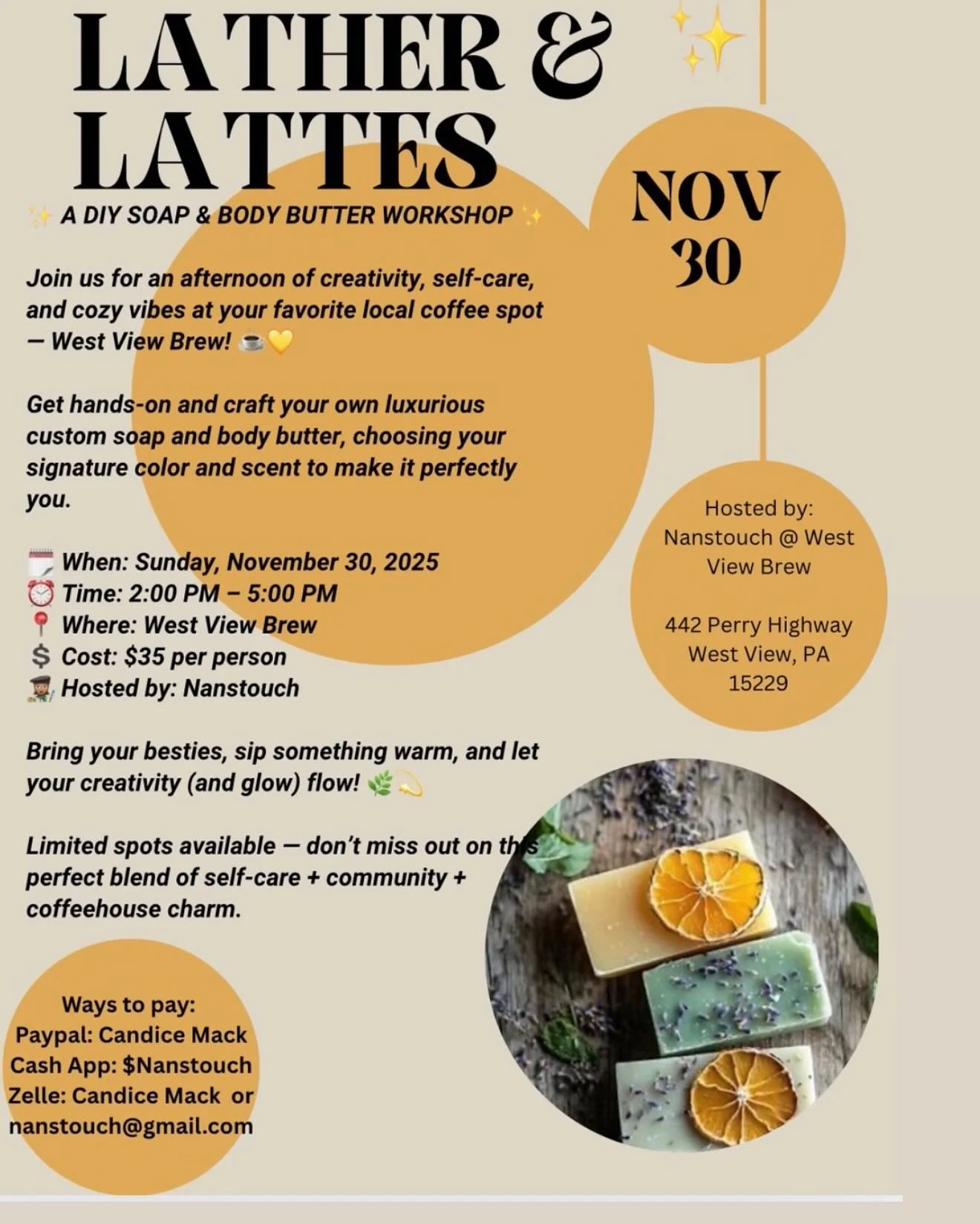 We&rsquo;re so excited to host Lather &amp; Lattes here at West View Brew on Sunday, November 30 from 2PM&ndash;5PM! 🤎☕🧼

Step into a cozy afternoon of self-care + creativity + community.
You&rsquo;ll get hands-on guidance to craft your own custom 