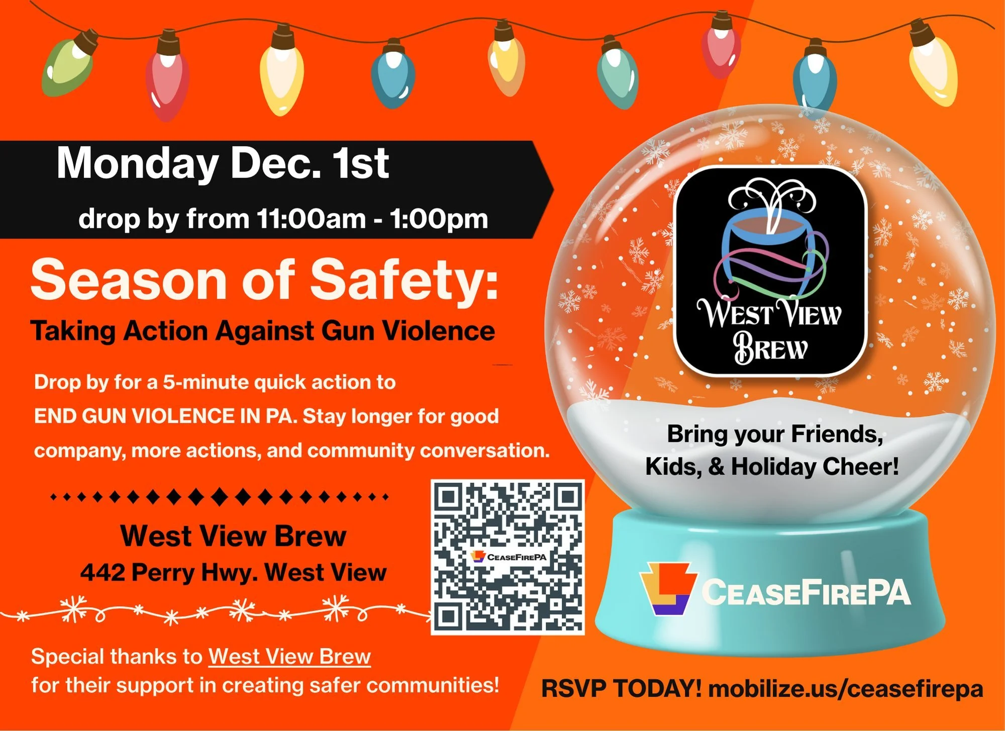 ✨ Season of Safety at West View Brew ✨
Monday, December 1st &bull; Drop by 11:00am&ndash;1:00pm

We&rsquo;re teaming up with CeaseFirePA for a meaningful community event focused on taking action against gun violence here in Pennsylvania. 💛

Stop in 