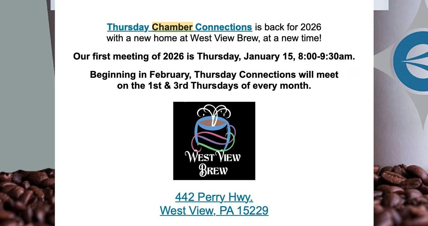 ☕🤝 Chamber Connections of 2026 🤝☕

We&rsquo;re excited to kick off the new year as a new meeting hub for the Pittsburgh North Regional Chamber!

📅 First meeting of 2026:
Thursday, January 15
⏰ 8:00&ndash;9:30 AM

🗓 Starting in February, Thursday 