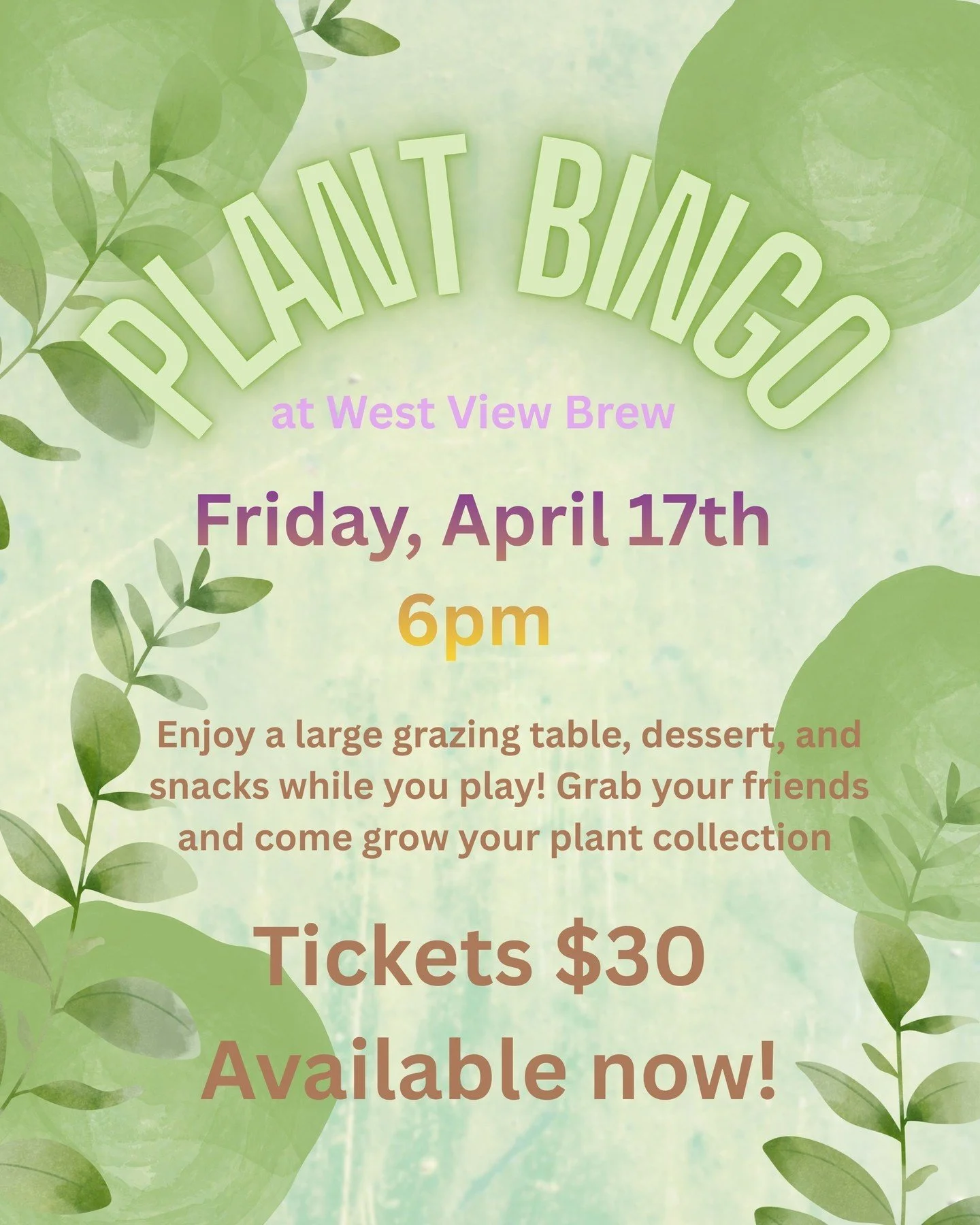 🌿 Plant Bingo Night! 🌿

We know we said we were done with Bingo for now, but what about one more really quick?

Join us for a fun night of bingo where you can win houseplants, specialty plants, and curated plant baskets!
📅 April 17
⏰ 6:00 PM
🎟️ $