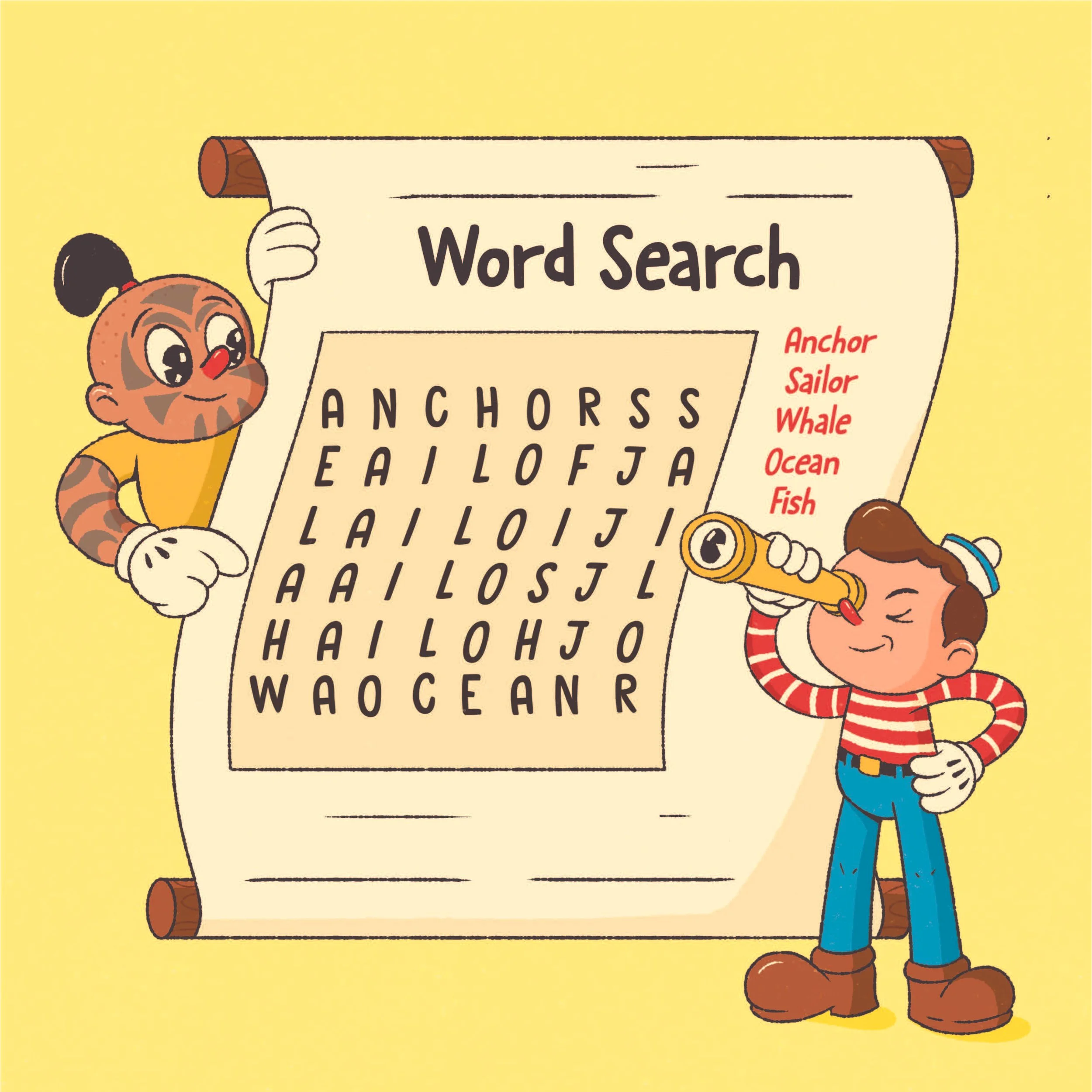 Children playing a word search game with a theme related to the ocean, featuring words like 'anchor', 'sailor', 'whale', 'ocean', and 'fish'.