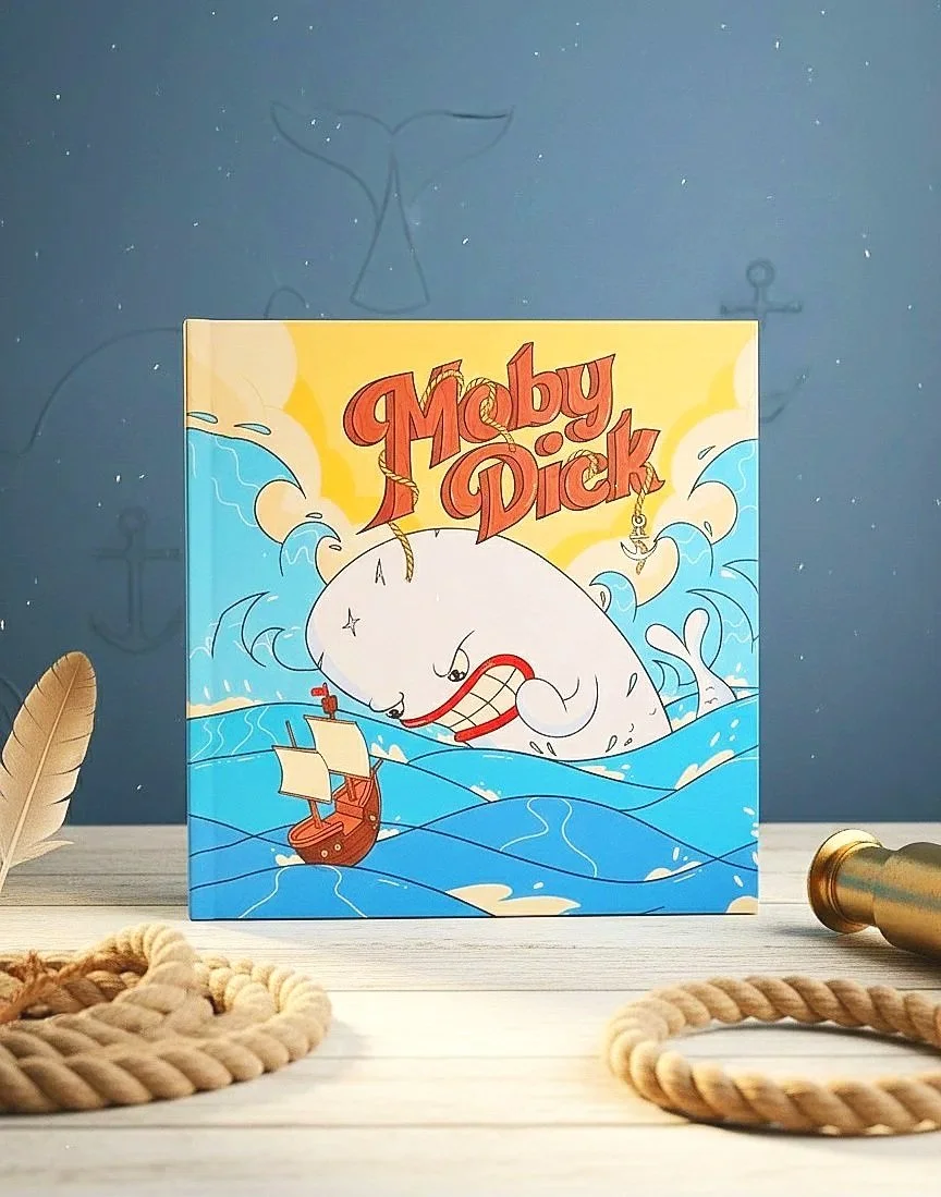 A colorful cartoon book cover titled 'Moby Dick' depicts a giant angry whale with a hook in its mouth, swimming in turbulent blue and white water, with a small sailing ship nearby.