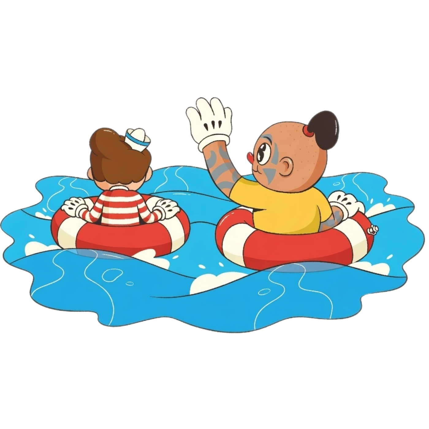 Two cartoon children in life jackets floating in a swimming pool, one waving.