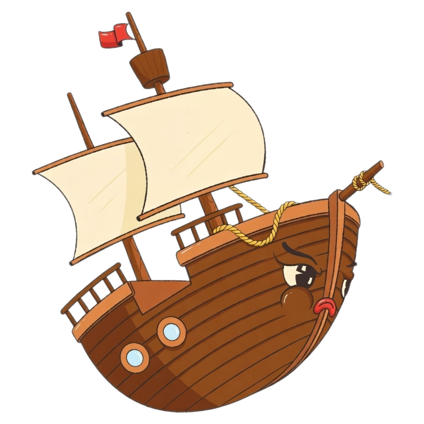 Cartoon pirate ship with sails and animated face showing sadness.