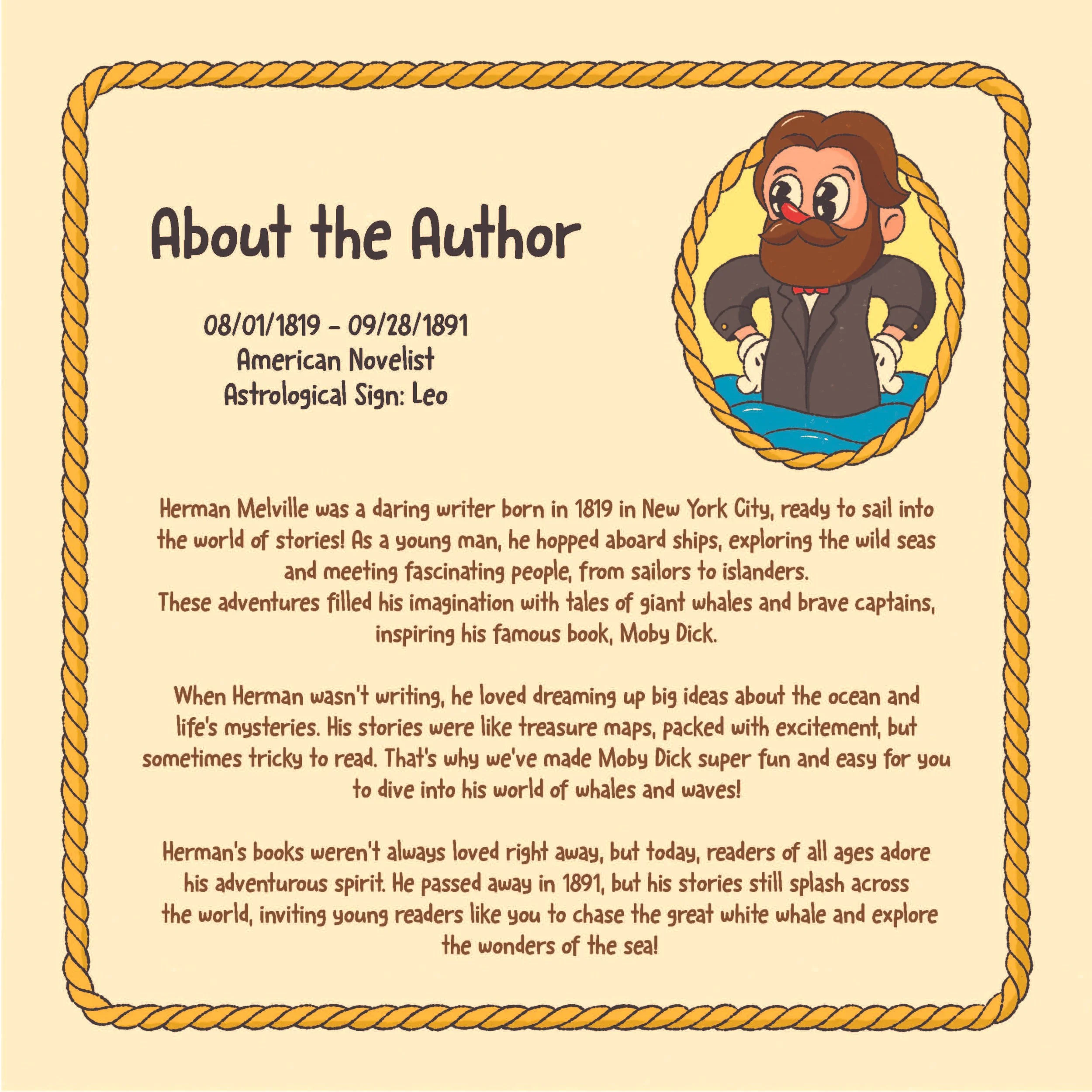 A biography page about Herman Melville, with his birth and death dates, nationality, and astrological sign, featuring an illustration of Herman Melville in a suit with a beard, surrounded by a rope border, and a beige background.