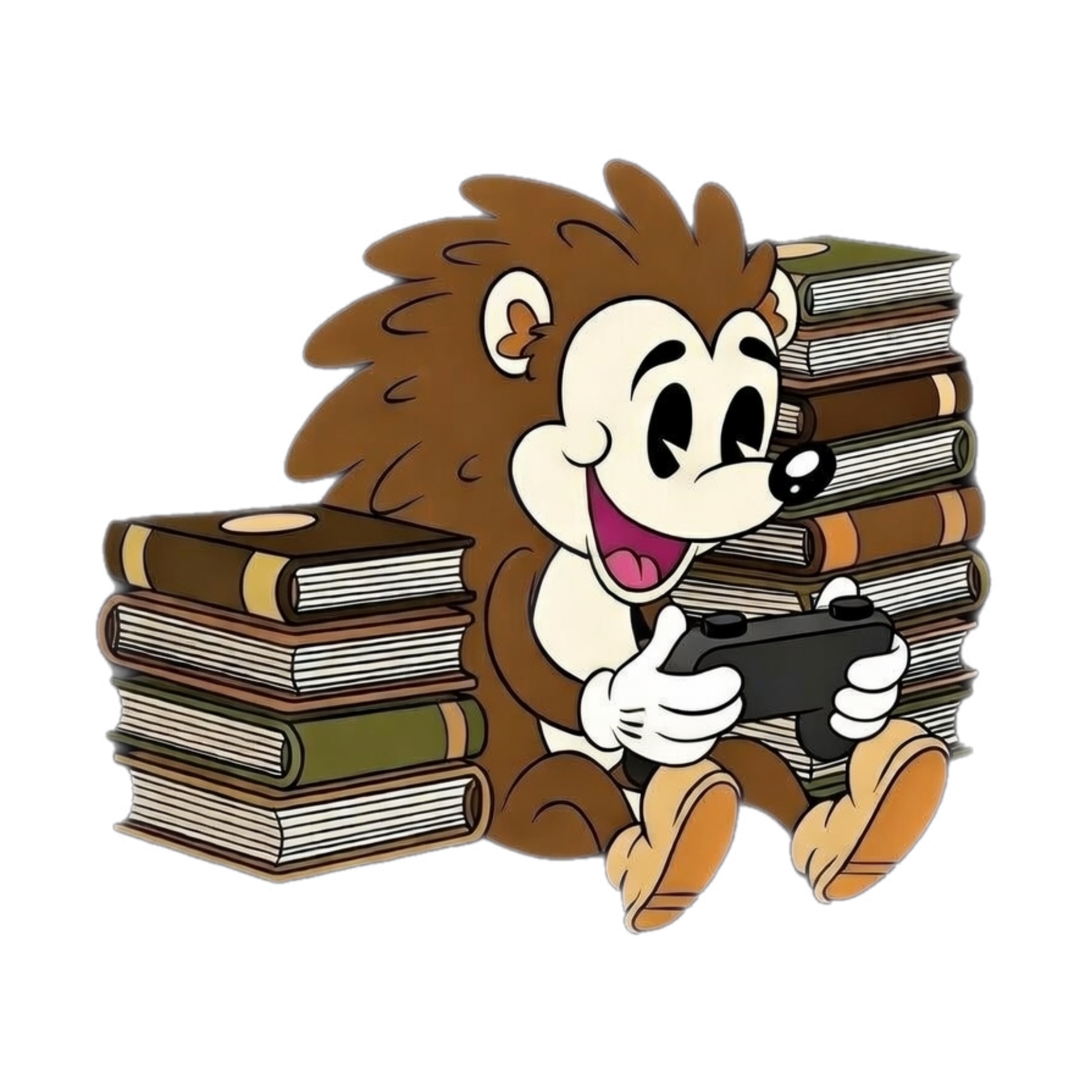Cartoon illustration of a happy cartoon hedgehog sitting between stacks of books, holding a video game controller, with the background black.