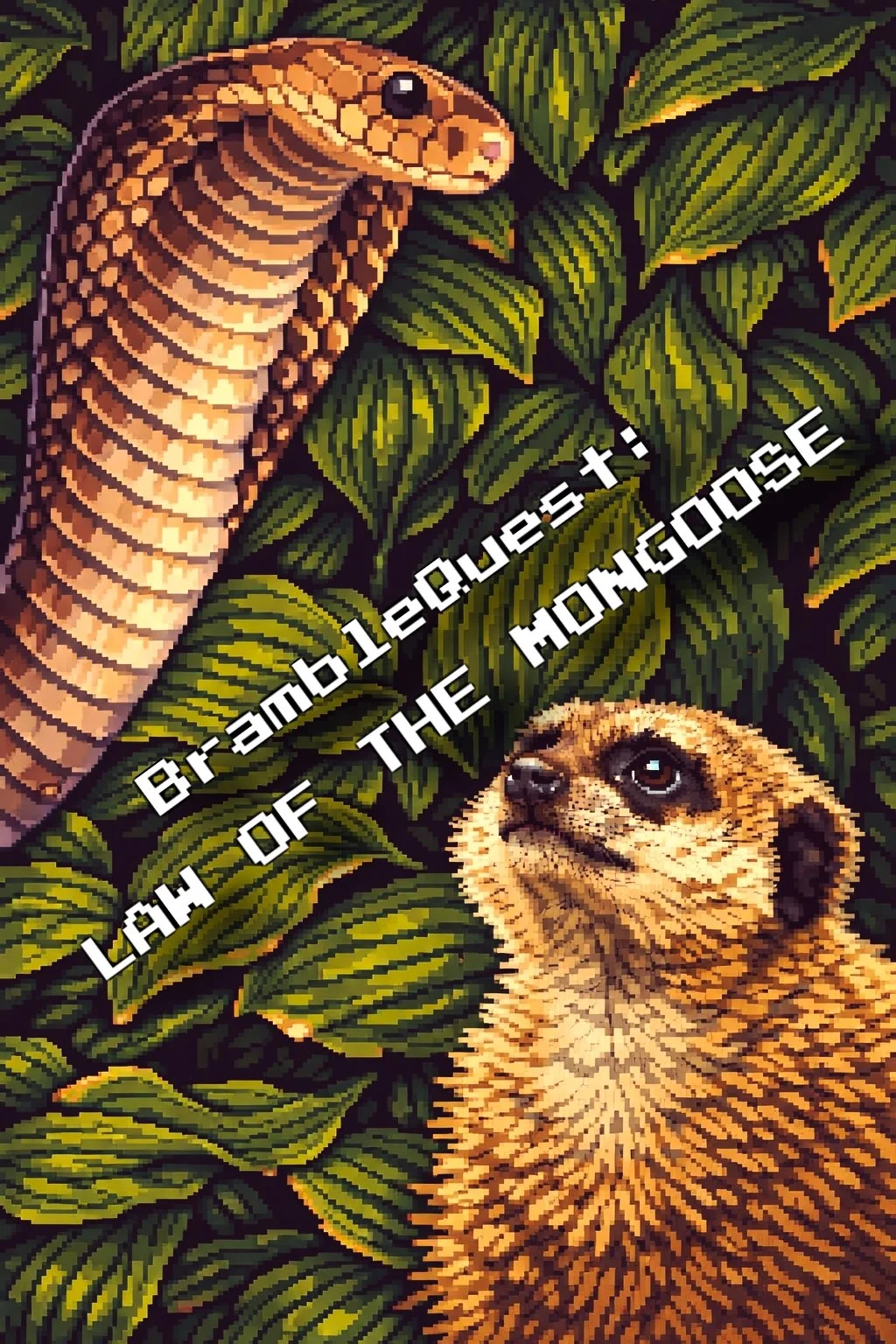 Pixel art illustration of a snake and a meerkat amidst green leaves with text overlay reading 'Blog & Legends: Law of the Monsterose.'