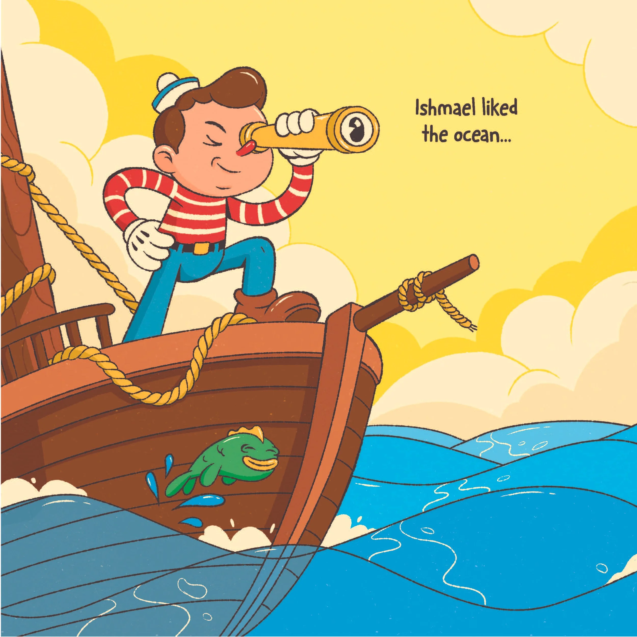 A young boy with brown hair, wearing a red and white striped shirt, blue pants, and brown shoes, stands on the deck of a wooden ship holding a telescope to his eye. The sky is yellow with clouds, and the sea is blue with waves. Below, a green fish with a sad expression is jumping out of the water.