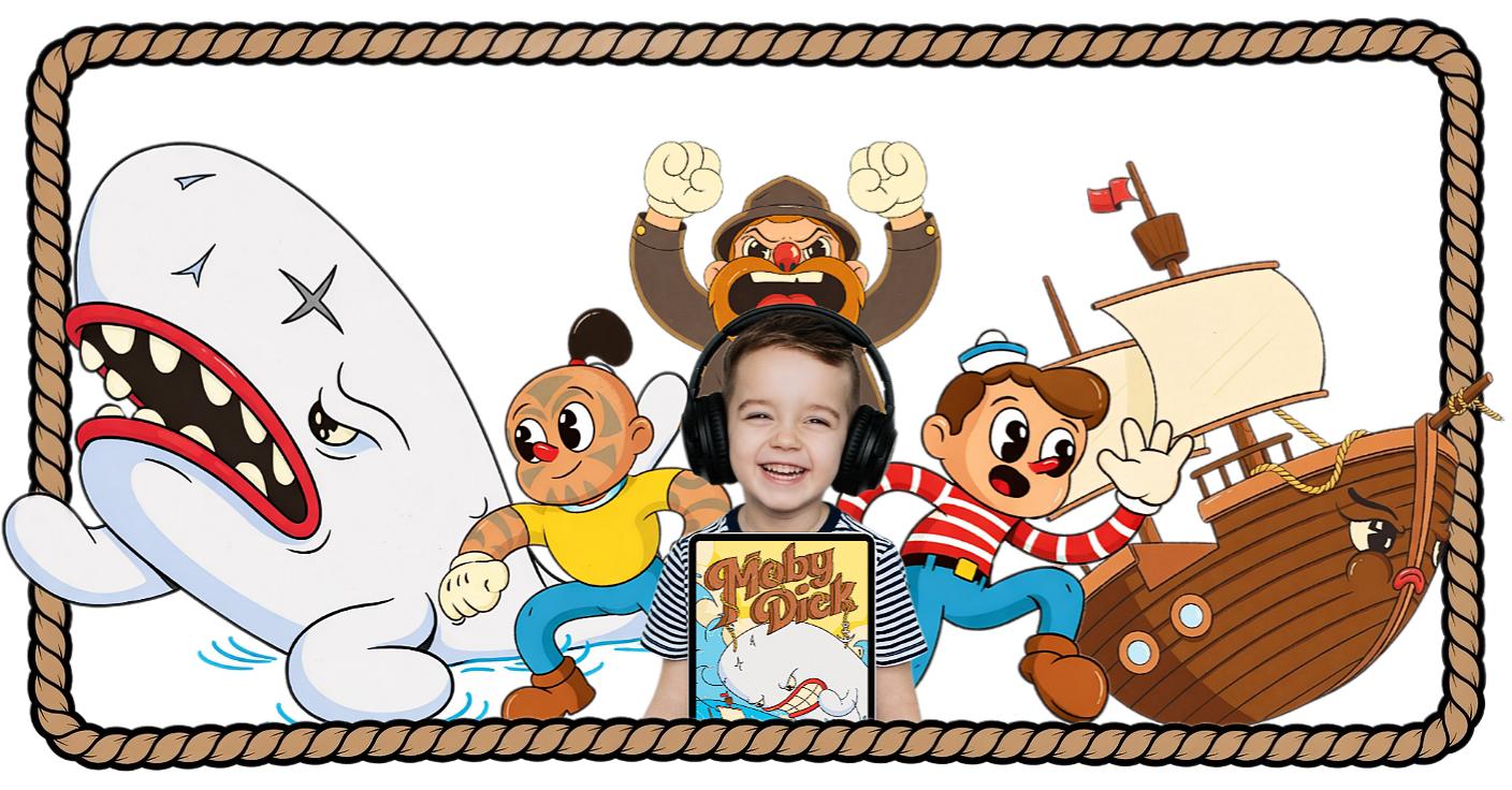 Child with headphones smiling, holding a book titled 'Moby Dick' in front of a cartoon scene with a whale, a tiger, a pirate, a sailor, and a ship.
