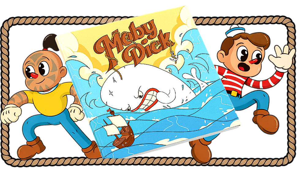 A book page titled "Moby Duck" with a cartoon whale in the water and a pirate ship. The page is being held open by two cartoon characters, one with a tattooed face and yellow shirt on the left, and a boy with a striped red and white shirt and blue pants on the right.