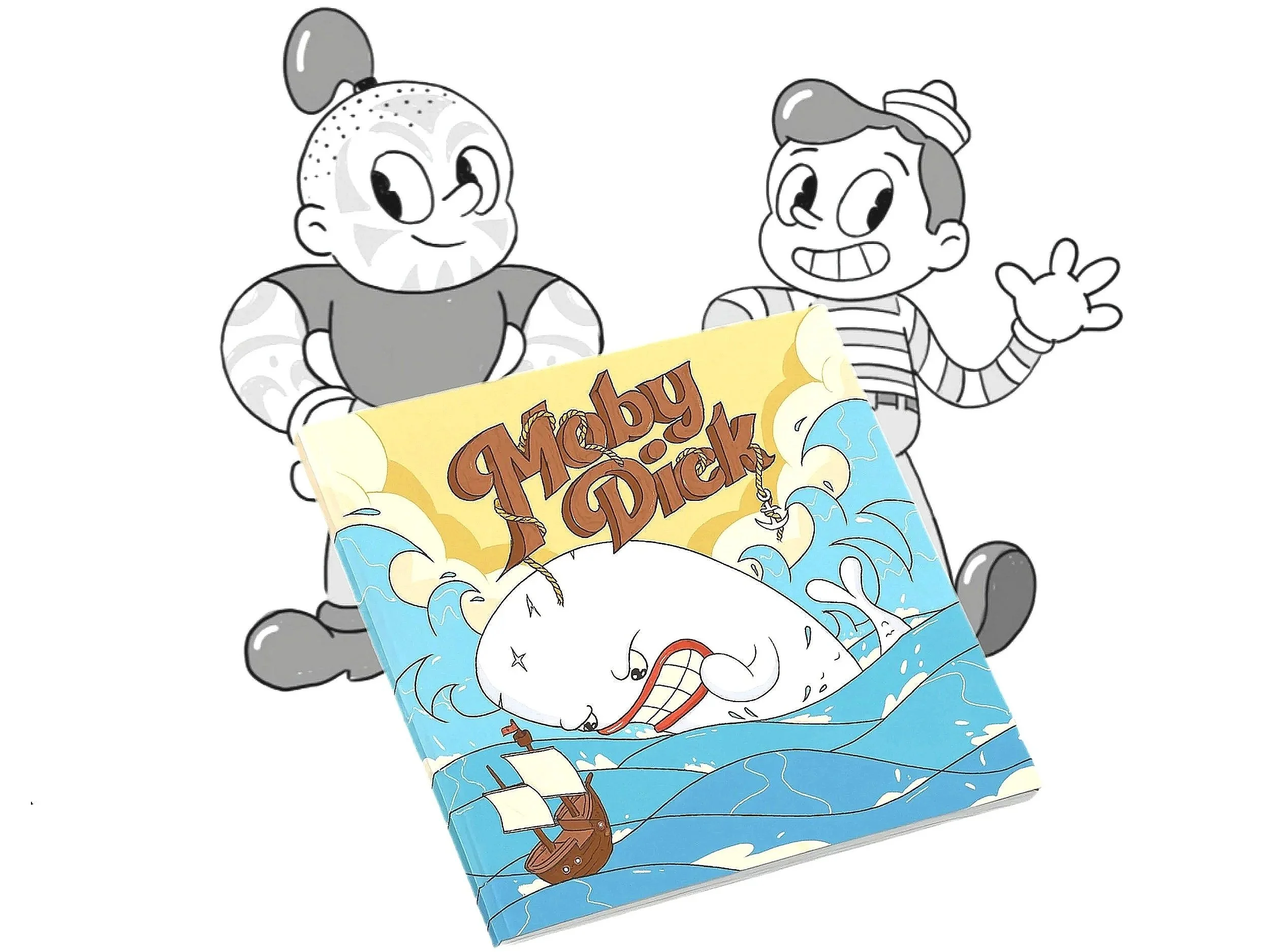 Black and white cartoon illustration of two characters, one with a bun hairstyle and the other with short hair and a hat, holding a colorful "Moby Dick" book with a whale on the cover.