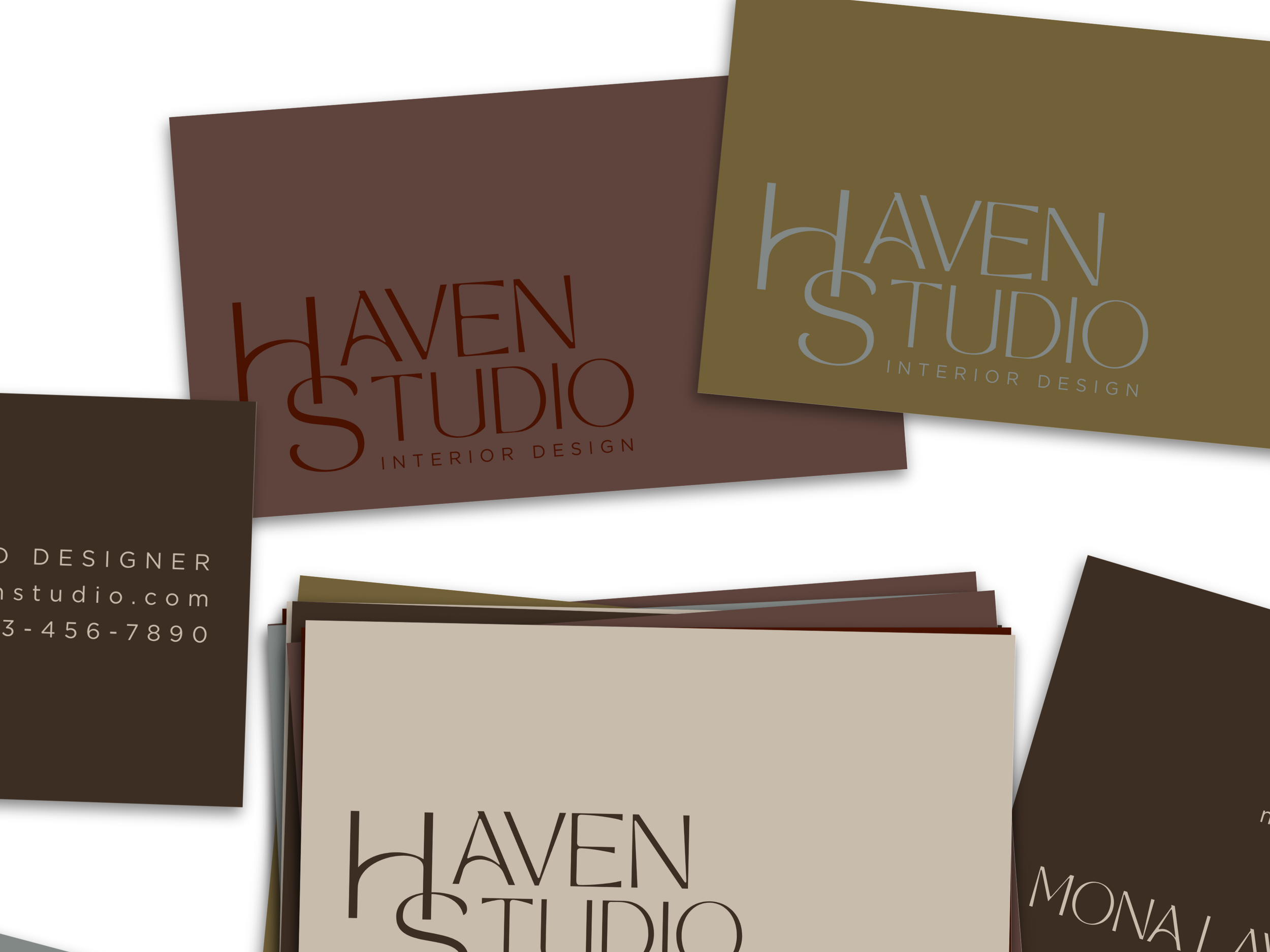 Business cards for Haven Studio Interior Design, a branding case study by Hailey Osborne Designs, with different background colors and logo designs.