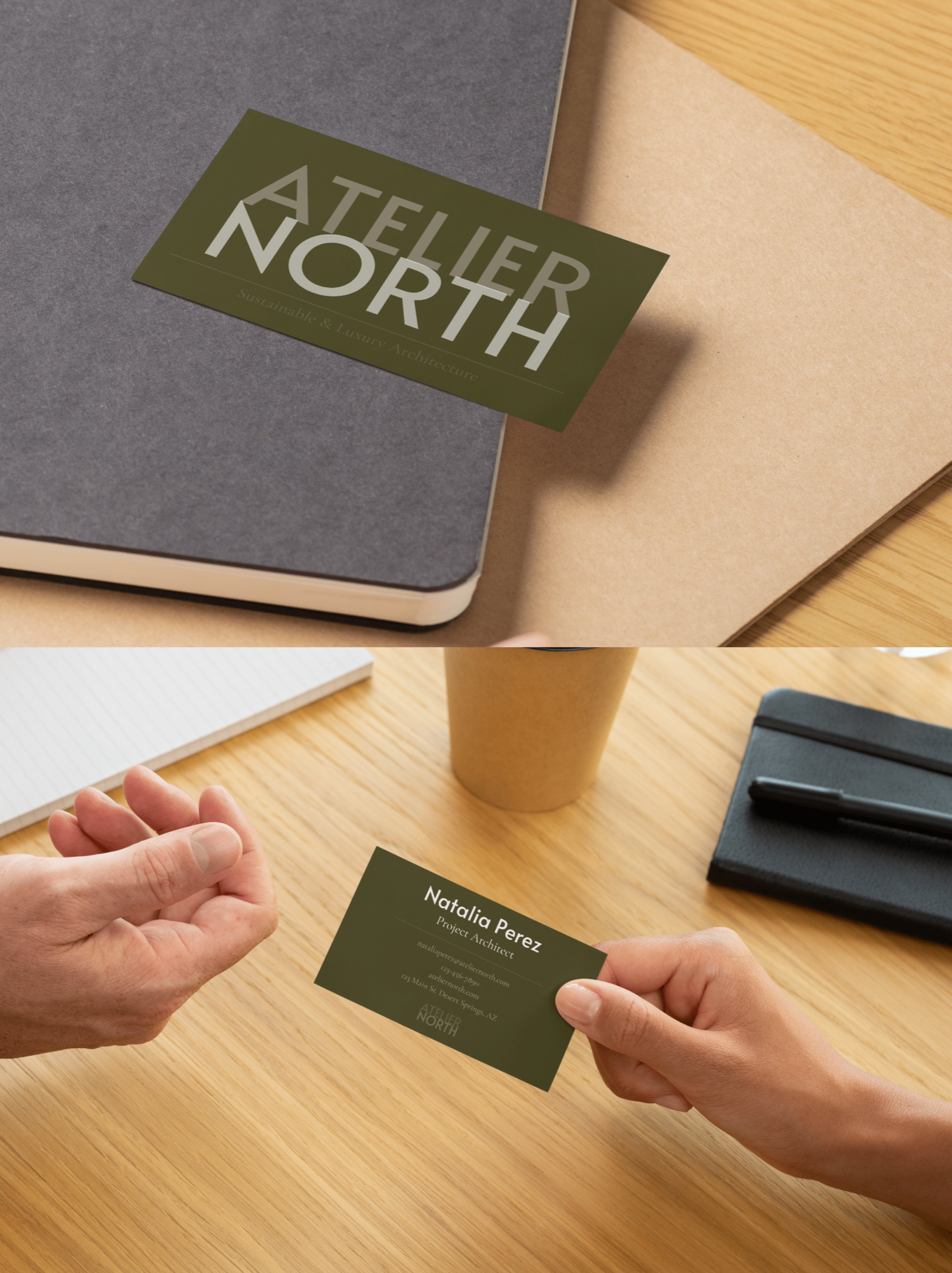 Business card for Natalia Perez, Project Architect at Atelier North a web design and brand development case study by Hailey Osborne Designs, with contact information, held over a wooden desk with a notebook, pen, and paper cup nearby.