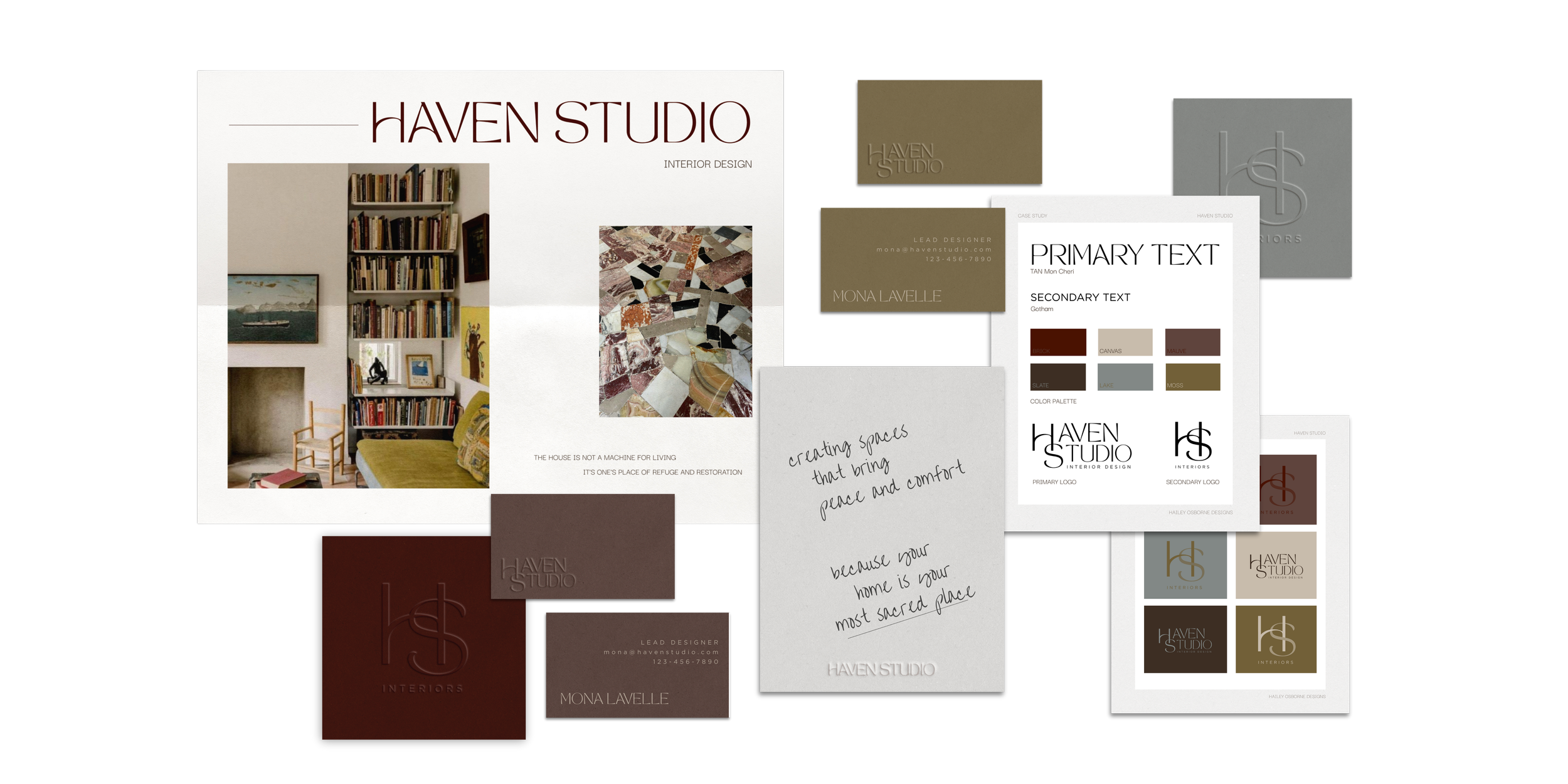 Branding presentation for Haven Studio Interior Design, a case study by Hailey Osborne Designs, featuring mood boards, logo designs, color palettes, and interior photos, with notes on creating spaces that bring peace and comfort.