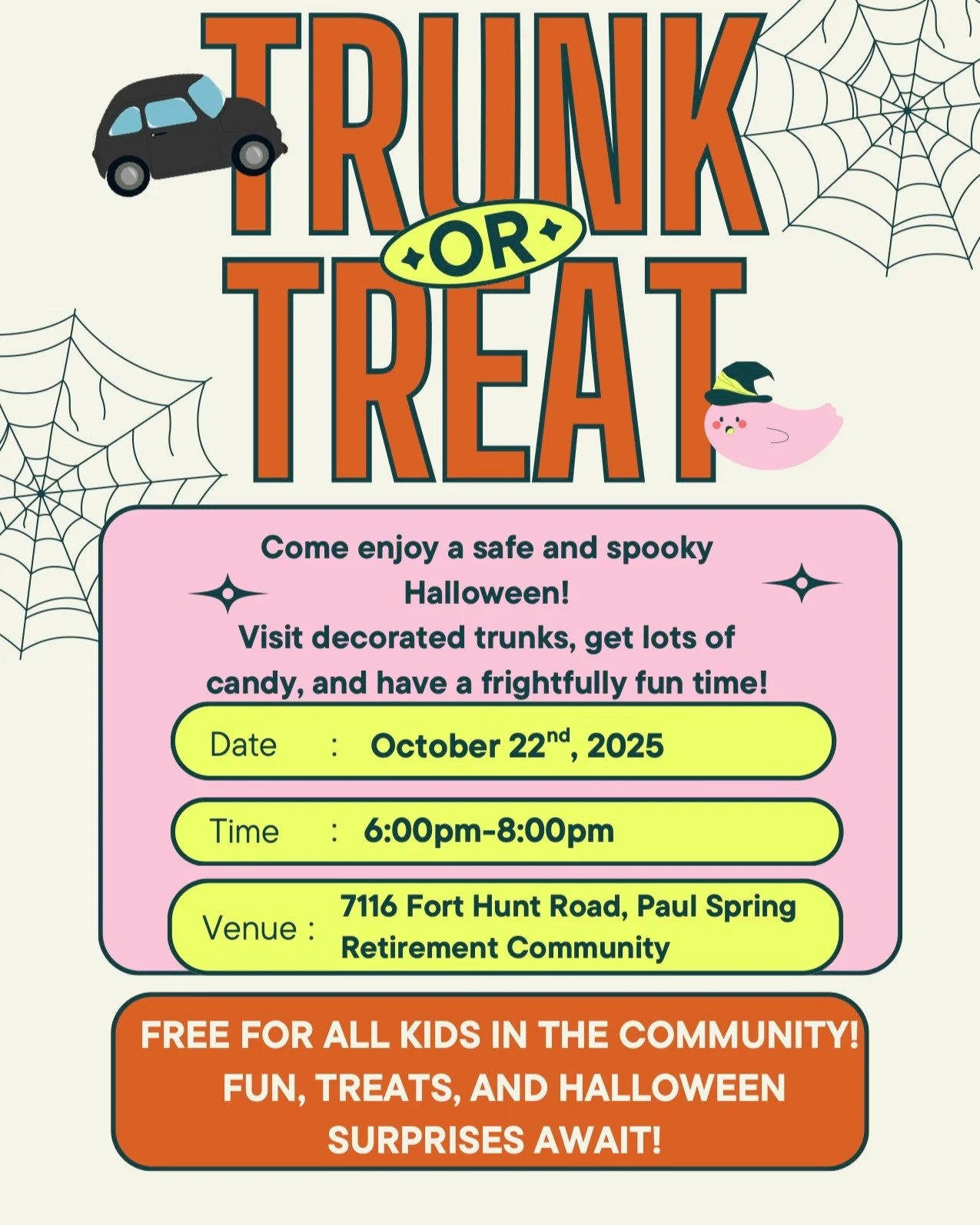 Paul Spring Retirement Community, a BVES PTA Sponsor, is hosting a Trunk or Treat event on October 22 from 6-8pm! Don't miss out!