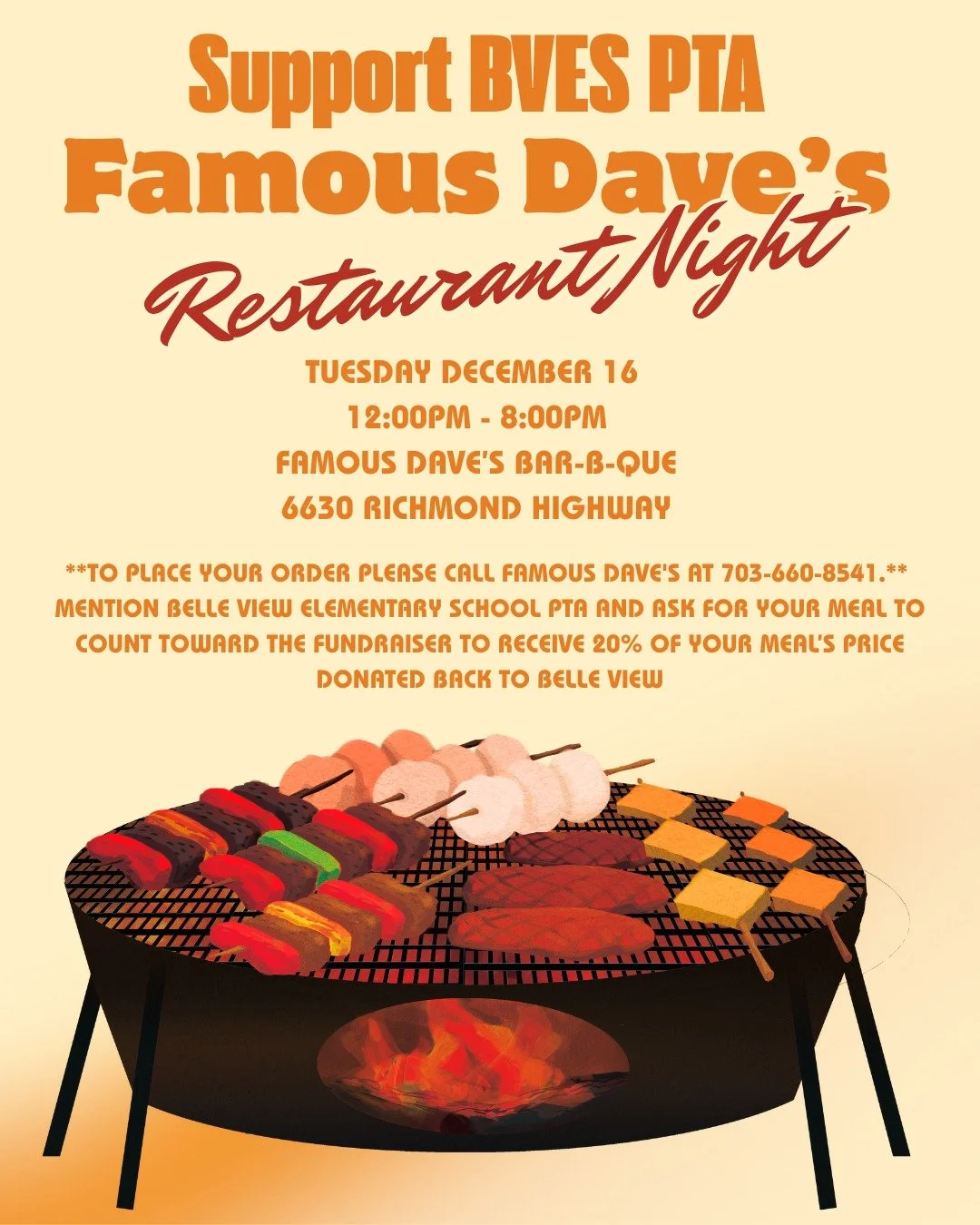 Belle View Elementary School: Our next restaurant fundraiser night is coming soon! 
TOMORROW!!!!

Famous Dave's
Tuesday December 16, 2025
12:00pm-8:00pm
6630 Richmond Highway
Alexandria, VA
https://www.famousdaves.com/Alexandria

You can participate 