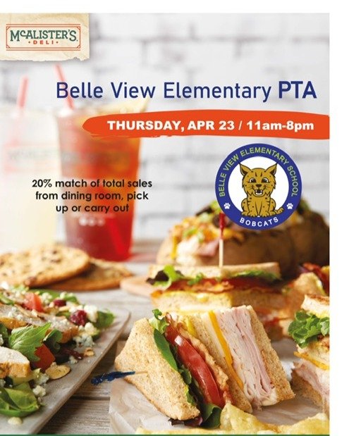 This Thursday (April 23rd) will be a BVES Fundraiser Night at McAllister's Deli! This is IN STORE ONLY, not online. Leave cooking to the McAllister's team and support the BVES PTA!