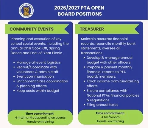 Looking to get more involved and make a meaningful impact at our school? We&rsquo;re excited to share two upcoming PTA board opportunities!

✨ Community Events Chair
Help bring our school community together by planning and executing favorite events l