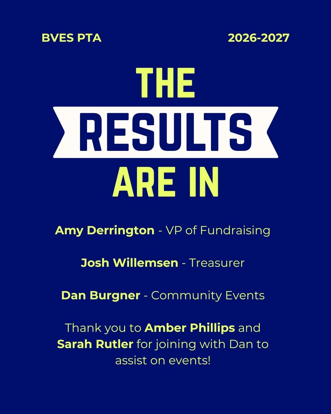 Election Results for the 2026-2027 School Year!

Congratulations to Amy Derrington for taking on VP of Fundraising next year

Congratulations to Josh Willemsen for taking on the role of Treasurer next year

Congratulations to Dan Burgner for taking o