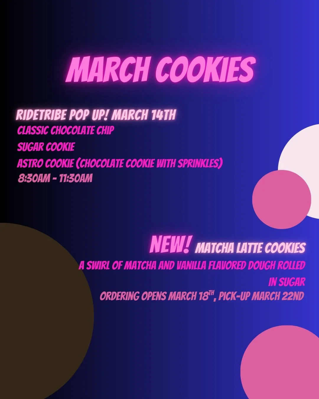 MARCH COOKIES! 🍪 it&rsquo;s been a little bit but we&rsquo;re back!

Mark your calendars, I&rsquo;ll be popping up at @ridetribehydepark on 3/14 with individual and boxes of cookies for sale

Then at the end of the month, get your hands on my new ma