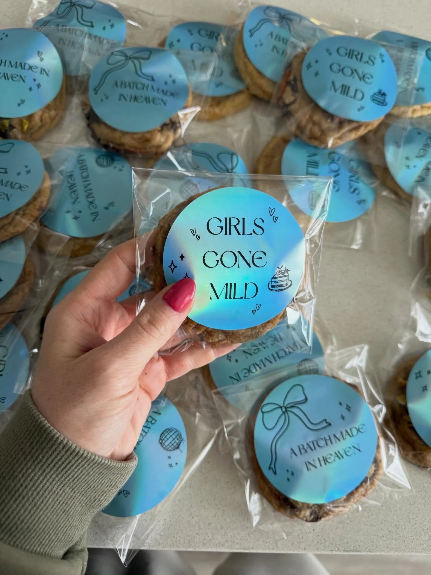 Catering order! 💖 this customer wanted custom stickers for the bachelorette party she was ordering for. I came up with a few ideas based off her inspo and we went with all 3! 

She ordered cornmeal snickerdoodles, brow butter dark chocolate pistachi